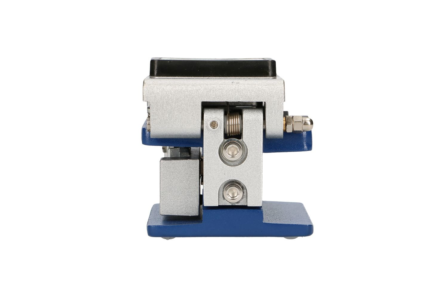 Srebrno-niebieska spawarka światłowodowa z czarnym ekranem, na białym tle.