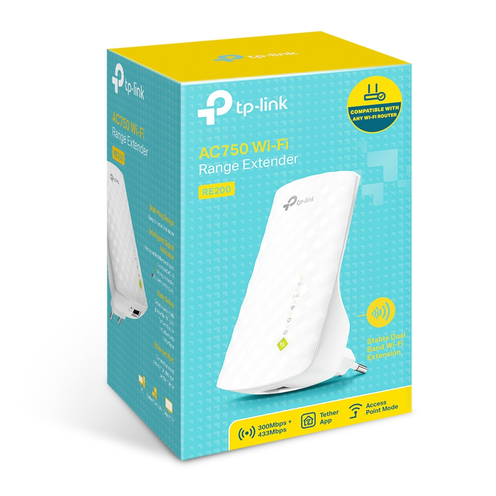 Eine Box mit einem TP-Link-Repeater, der das Produkt, die Funktionen und die Kompatibilität zeigt.
