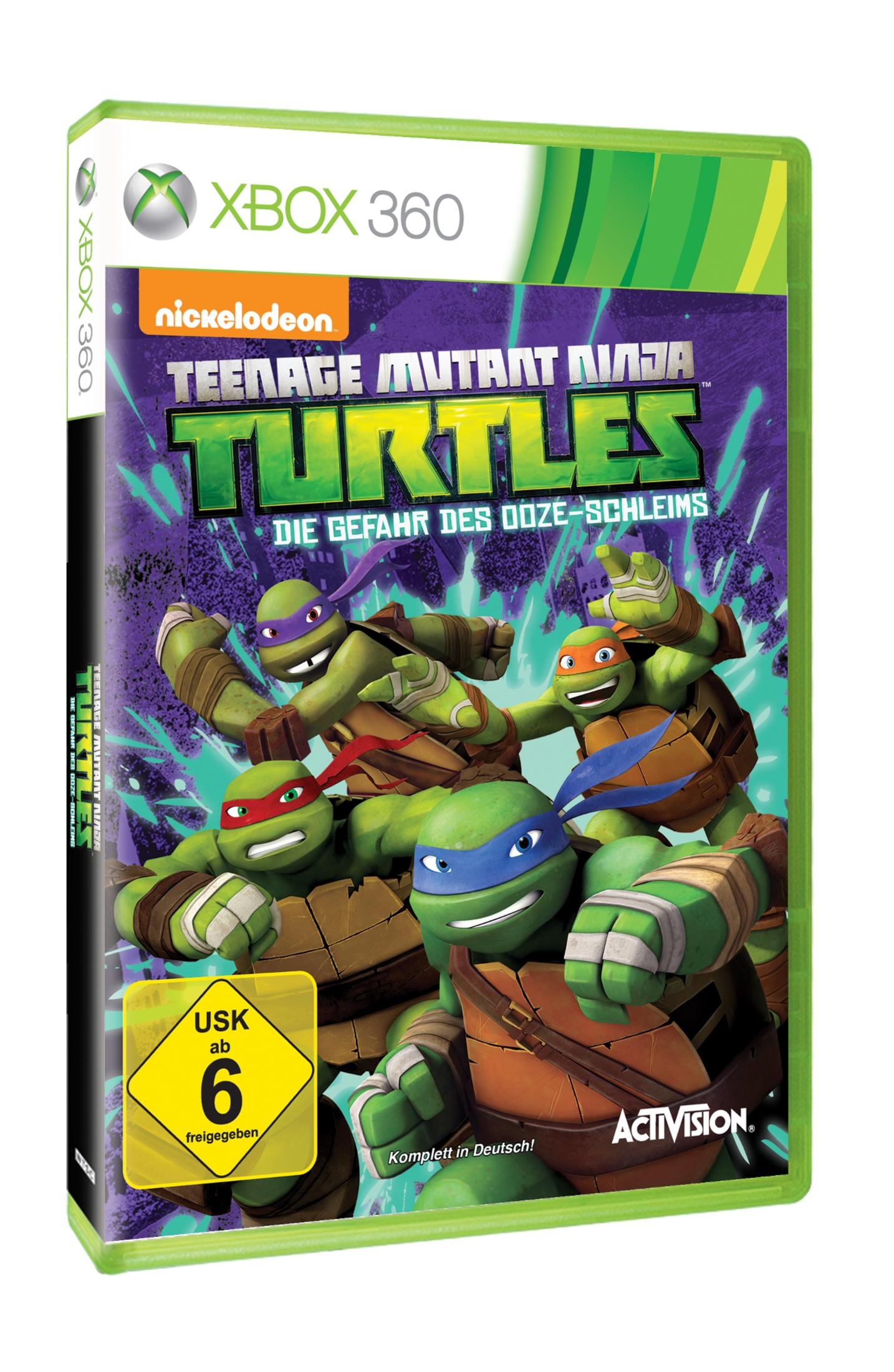 Spielhülle von Teenage Mutant Ninja Turtles. Auf dem Cover sind vier Schildkröten zu sehen, grün mit verschiedenfarbigen Masken.