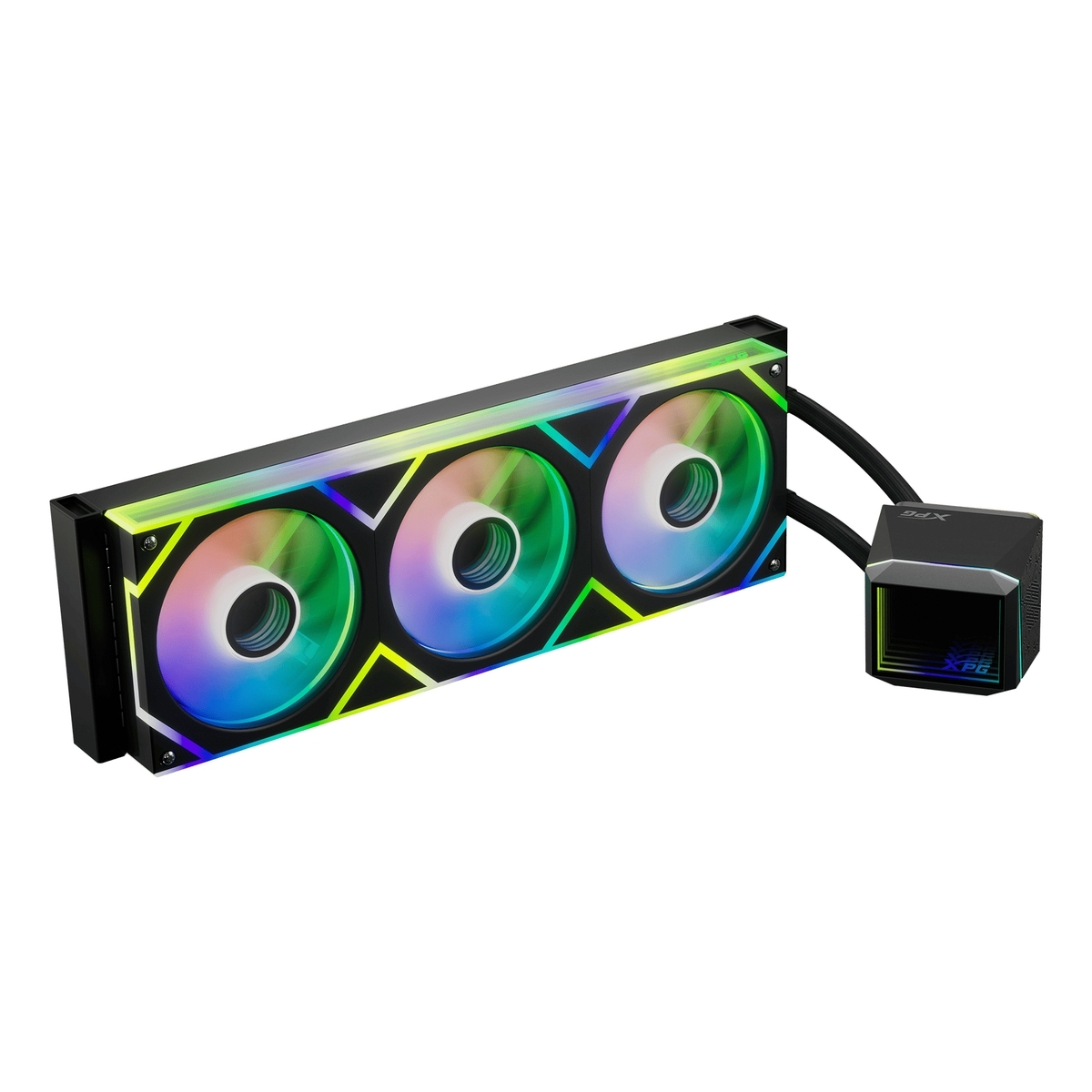 Black computer liquid cooler with three RGB fans. A pump is connected by tubes. White background.