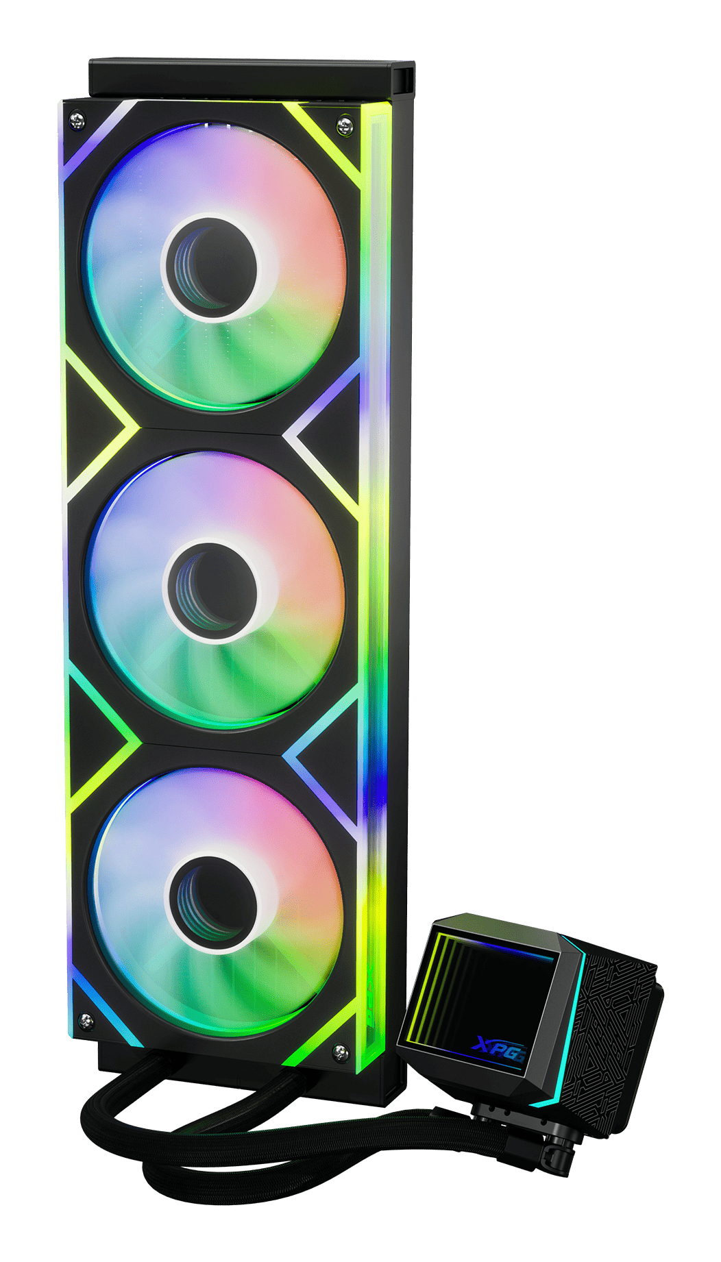 Black computer liquid cooler with three vertically stacked RGB fans. Black tubes connect it. White back.