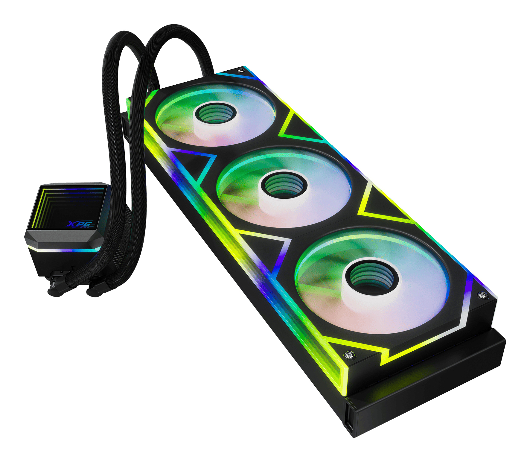 A black cooler with three fans with rainbow lights. Black tubes and a black square piece.