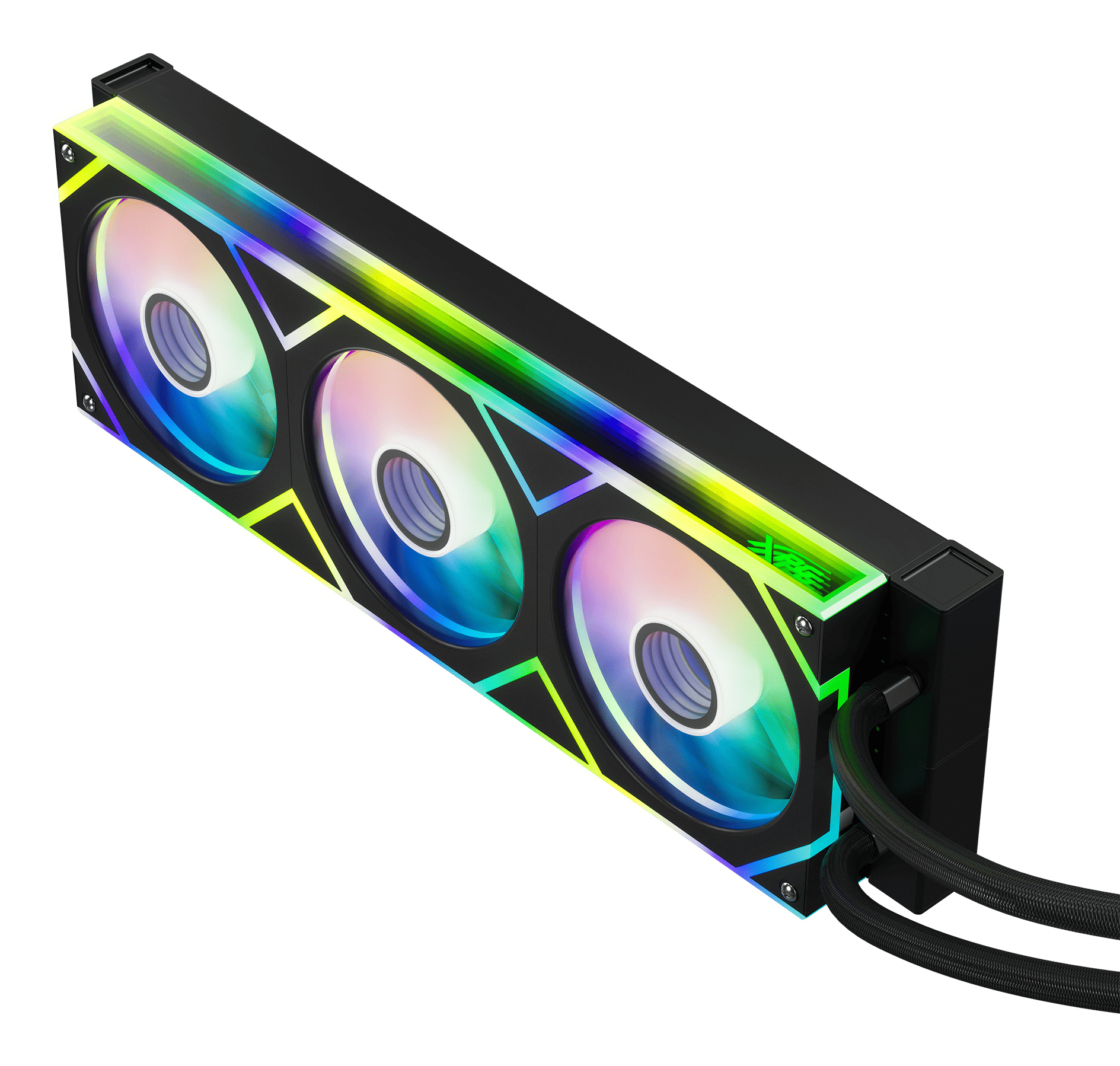 Black computer liquid cooler with three RGB fans. Black tubes. White background.