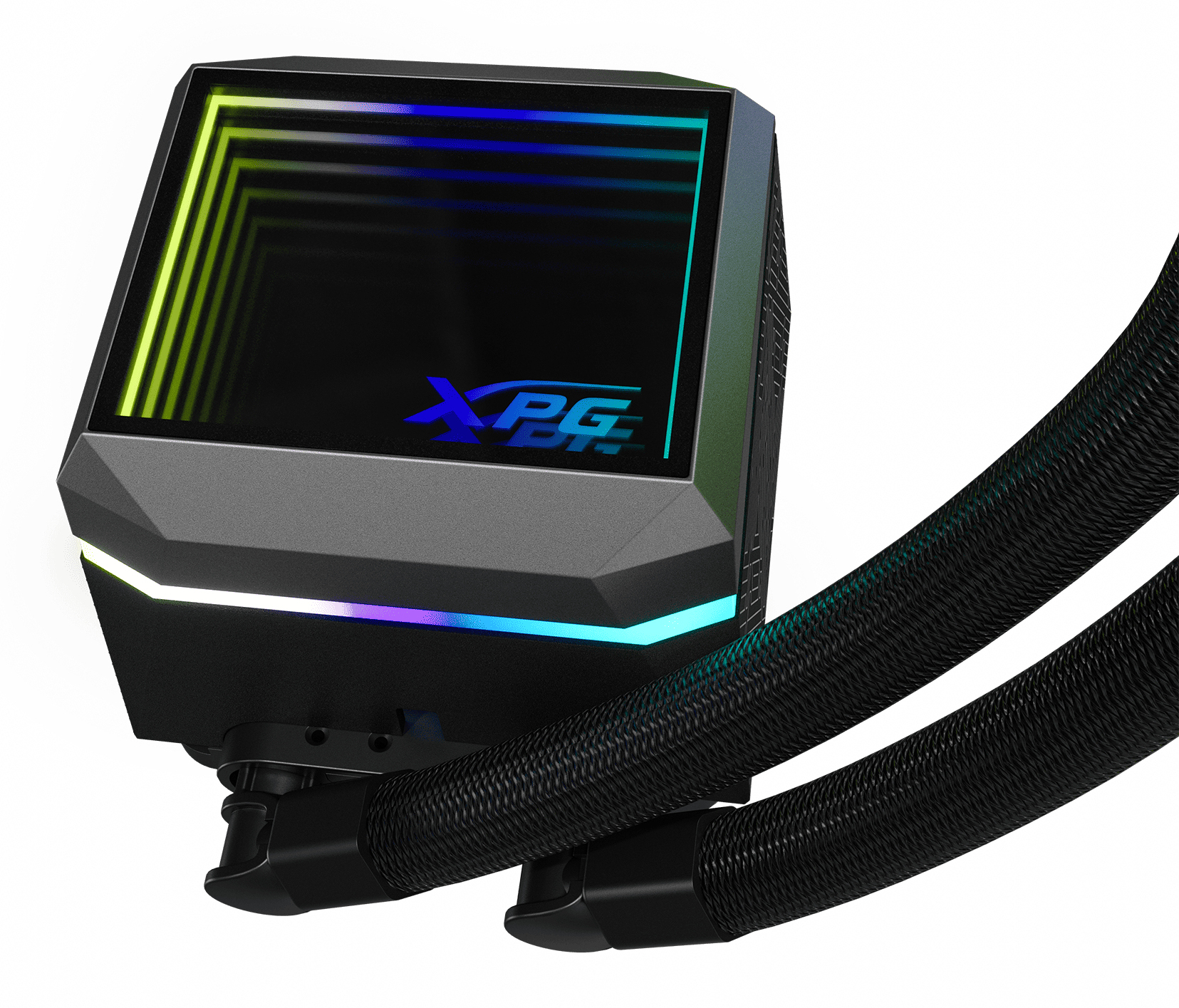 Black computer liquid cooler pump with RGB lights. Black tubes. White background.
