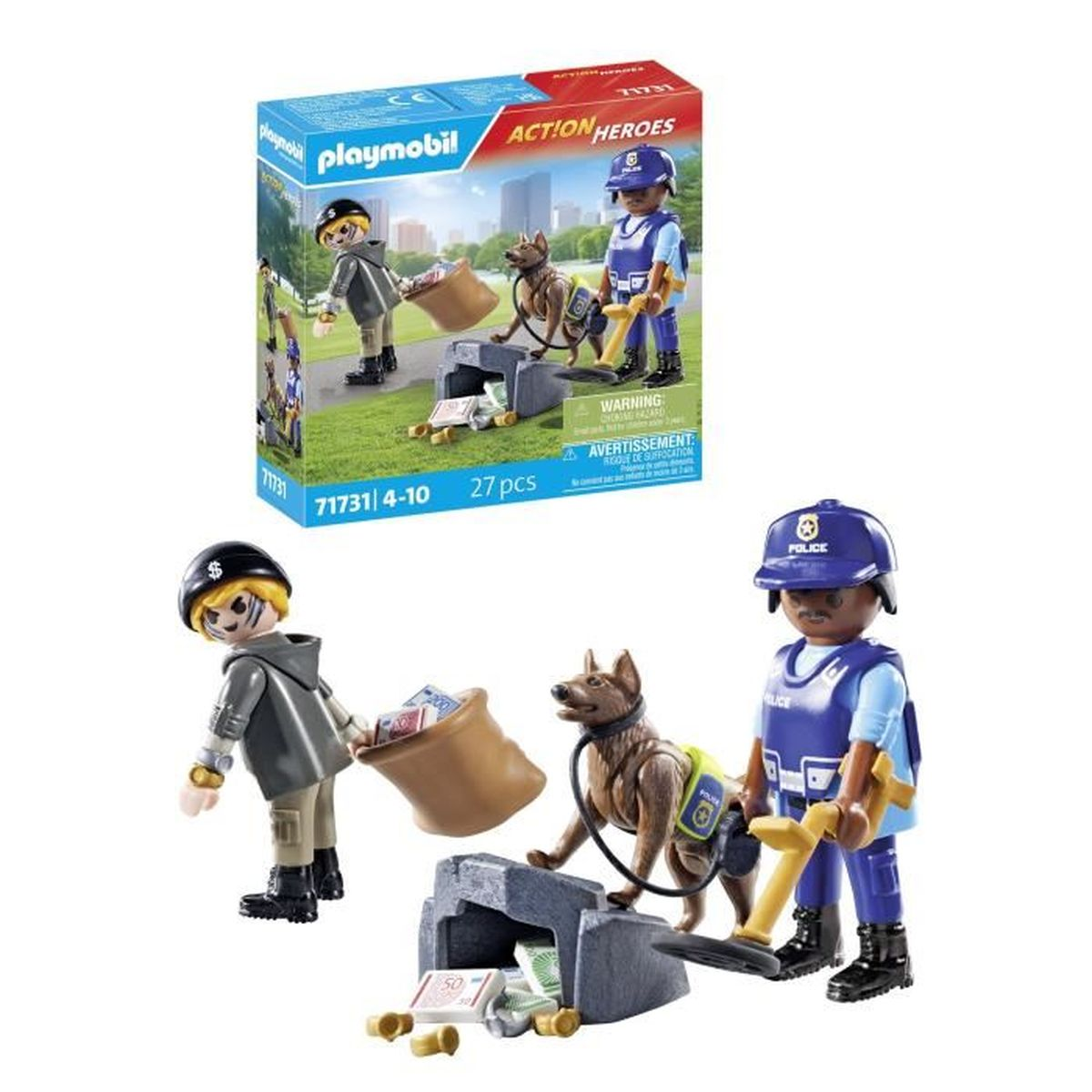 Playmobil politie set met figuren, hond, geld en gereedschap. Witte achtergrond.