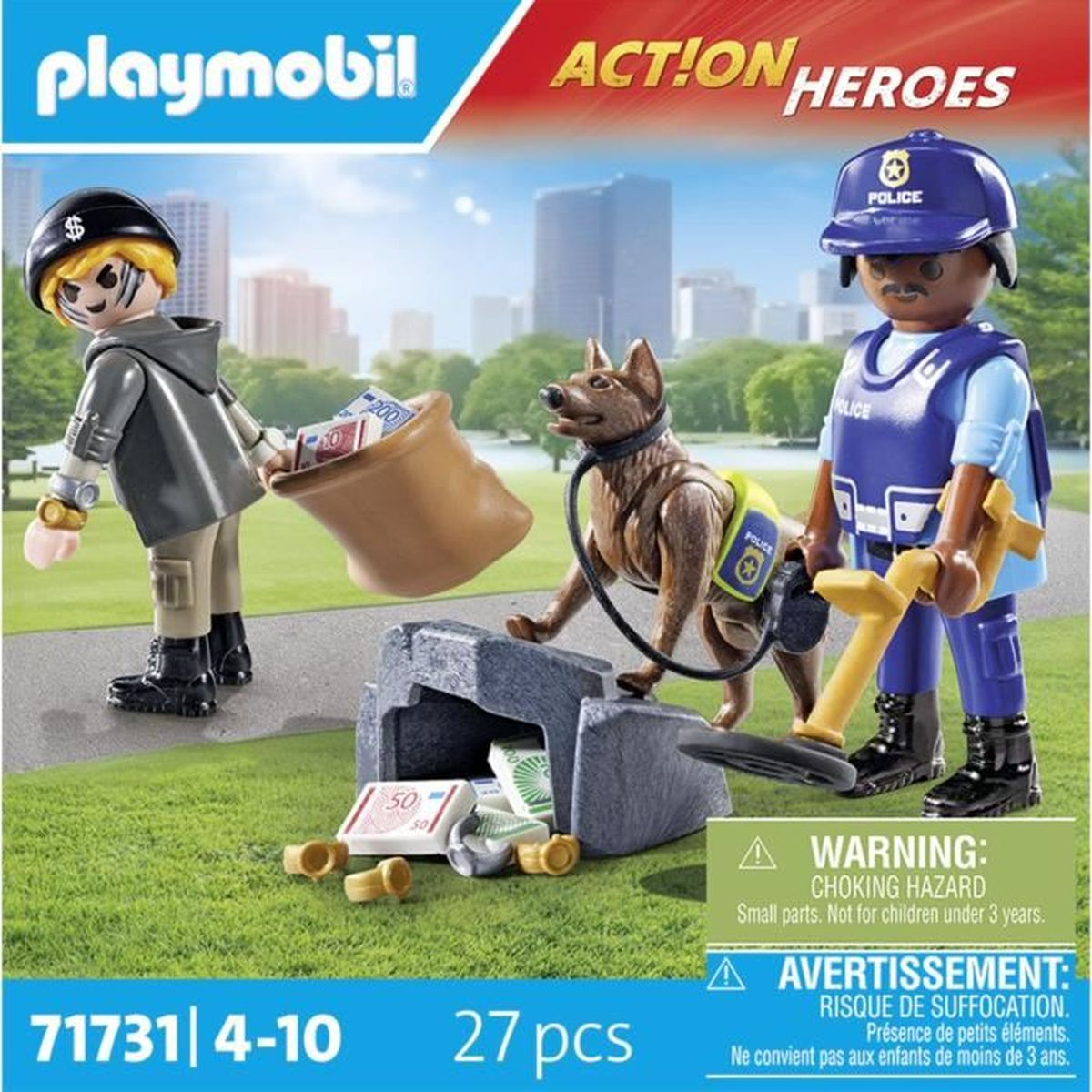 Playmobil-doos met een dief, een politieagent met een hond, geld en een waarschuwing voor verstikkingsgevaar.