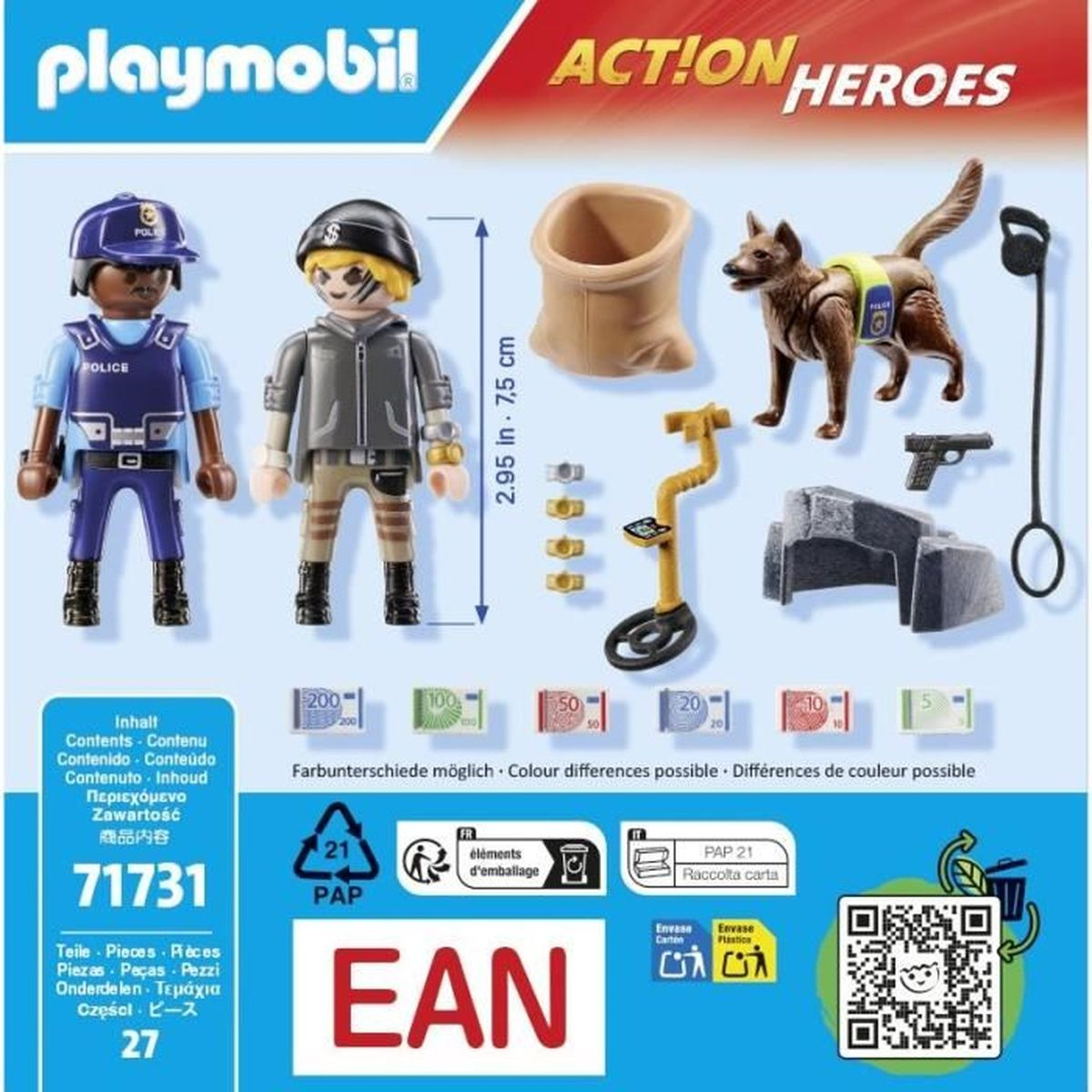 Playmobil Action Heroes set met figuren, hond, gereedschap en geld. Witte achtergrond.