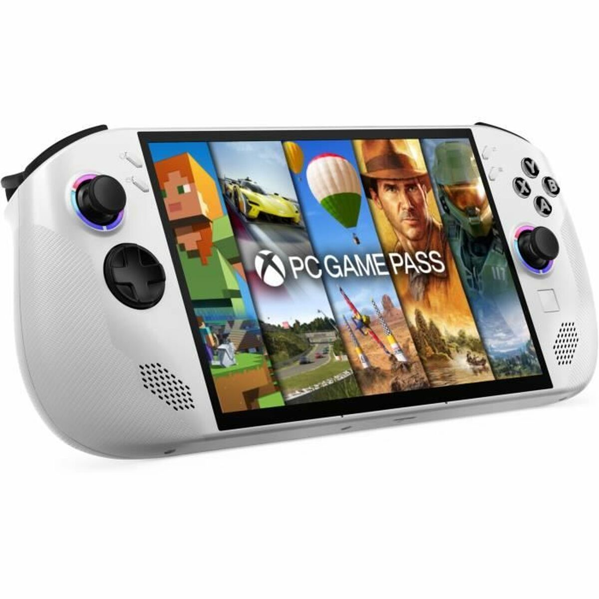 Biała konsola do gier przenośnych z ekranem wyświetlającym różne okładki gier.