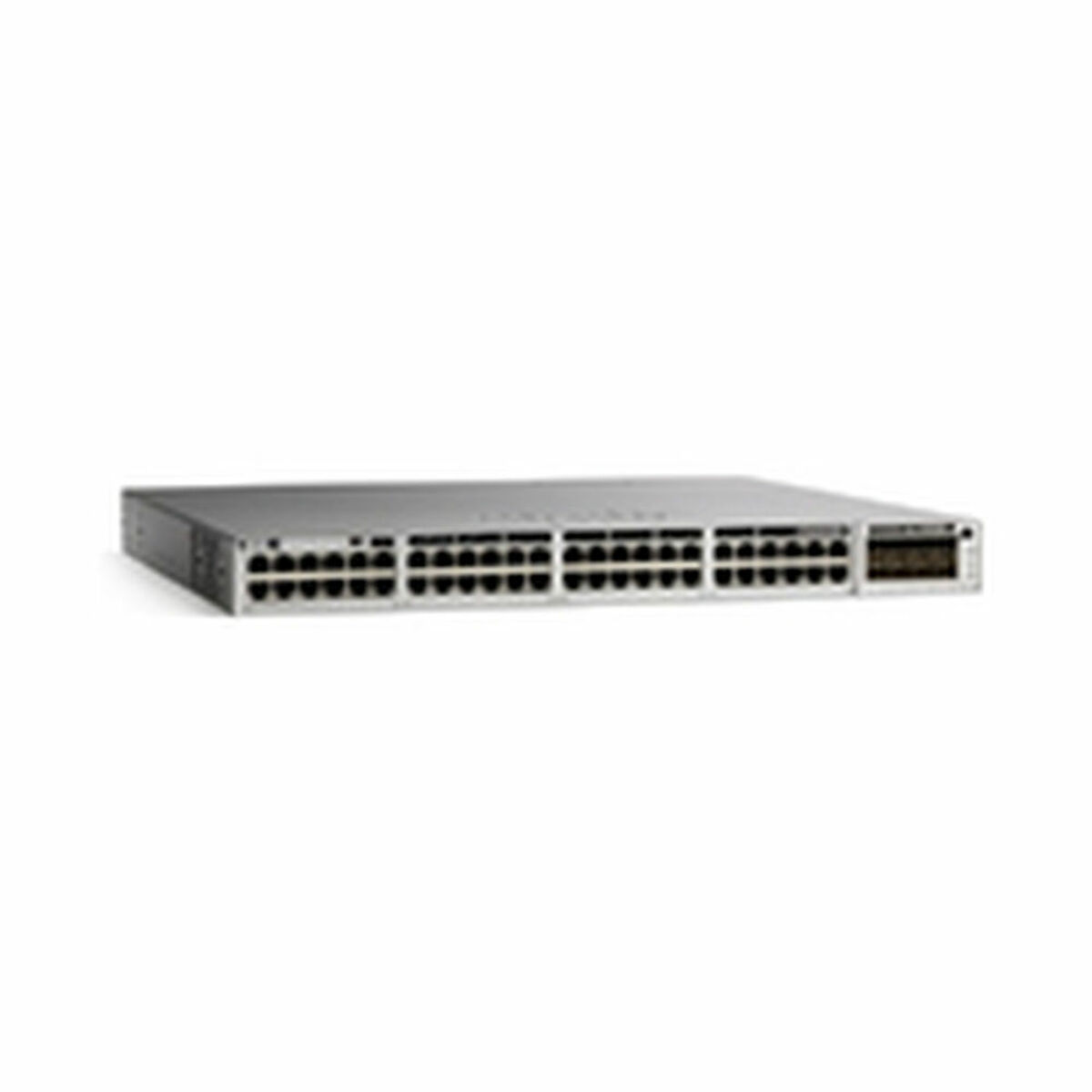 Switch di rete argentato su sfondo bianco. Ha molte porte e un piccolo display.
