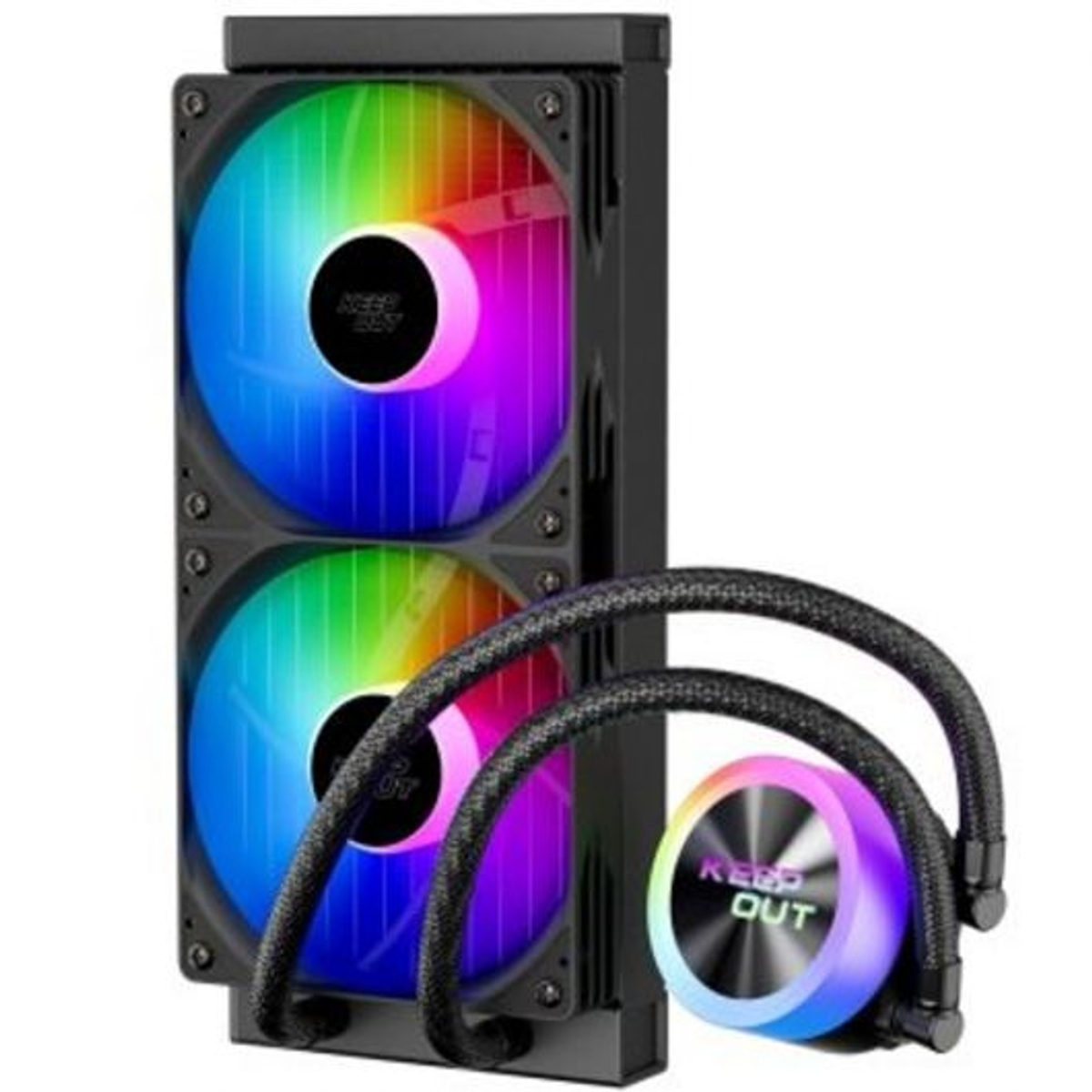 Sistema di raffreddamento a liquido per computer, due ventole con illuminazione RGB e una pompa circolare.