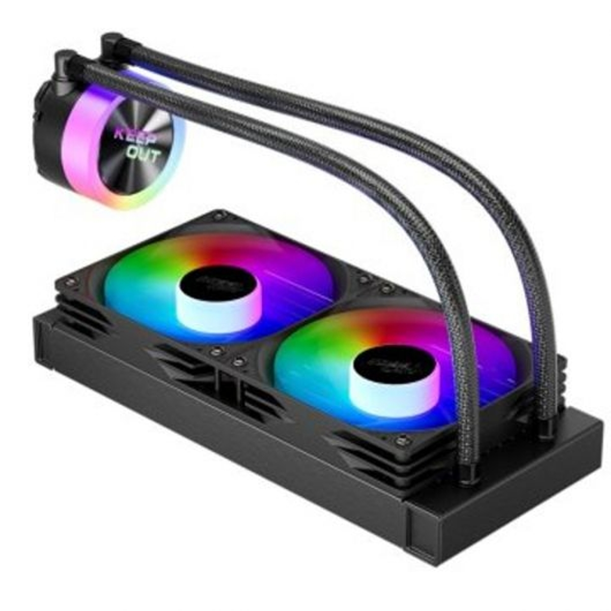 Un sistema di raffreddamento a liquido per computer, due ventole con illuminazione RGB e una pompa circolare.