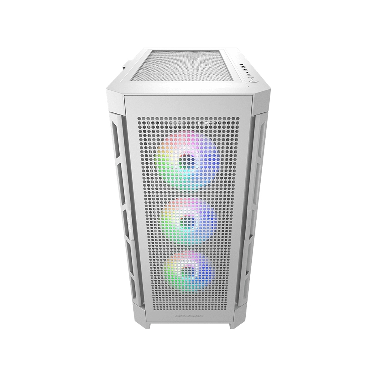 Carcasa de computadora blanca con tres ventiladores coloridos y panel lateral transparente, logo COUGAR.
