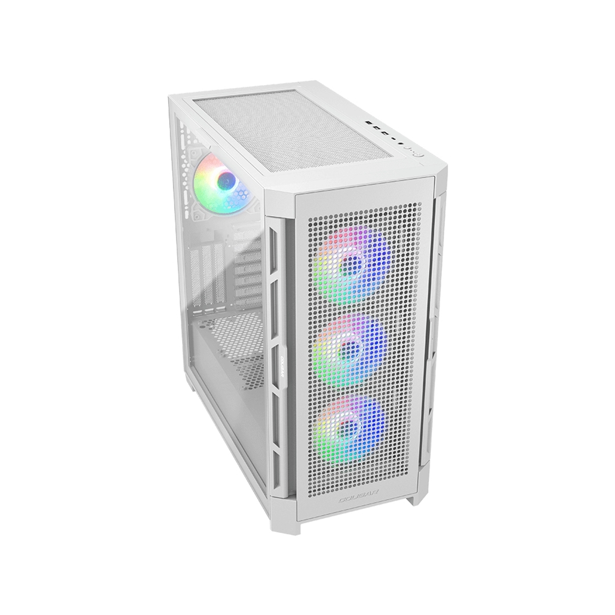 Carcasa de computadora blanca con tres ventiladores coloridos y panel lateral transparente, logo COUGAR.