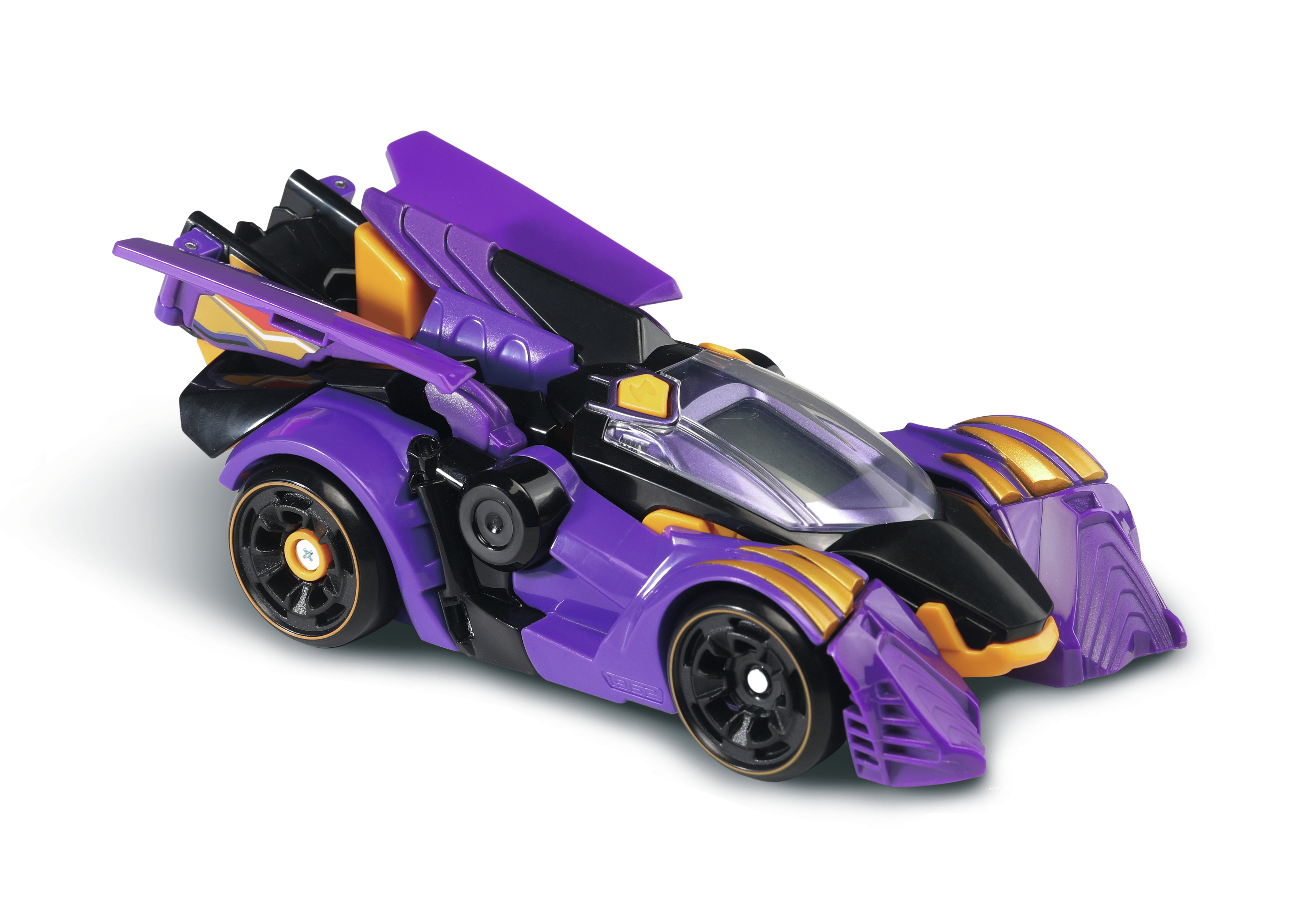 Lila und schwarzes Spielzeugauto mit gelben Akzenten, aerodynamischem Design und klarem Cockpit.
