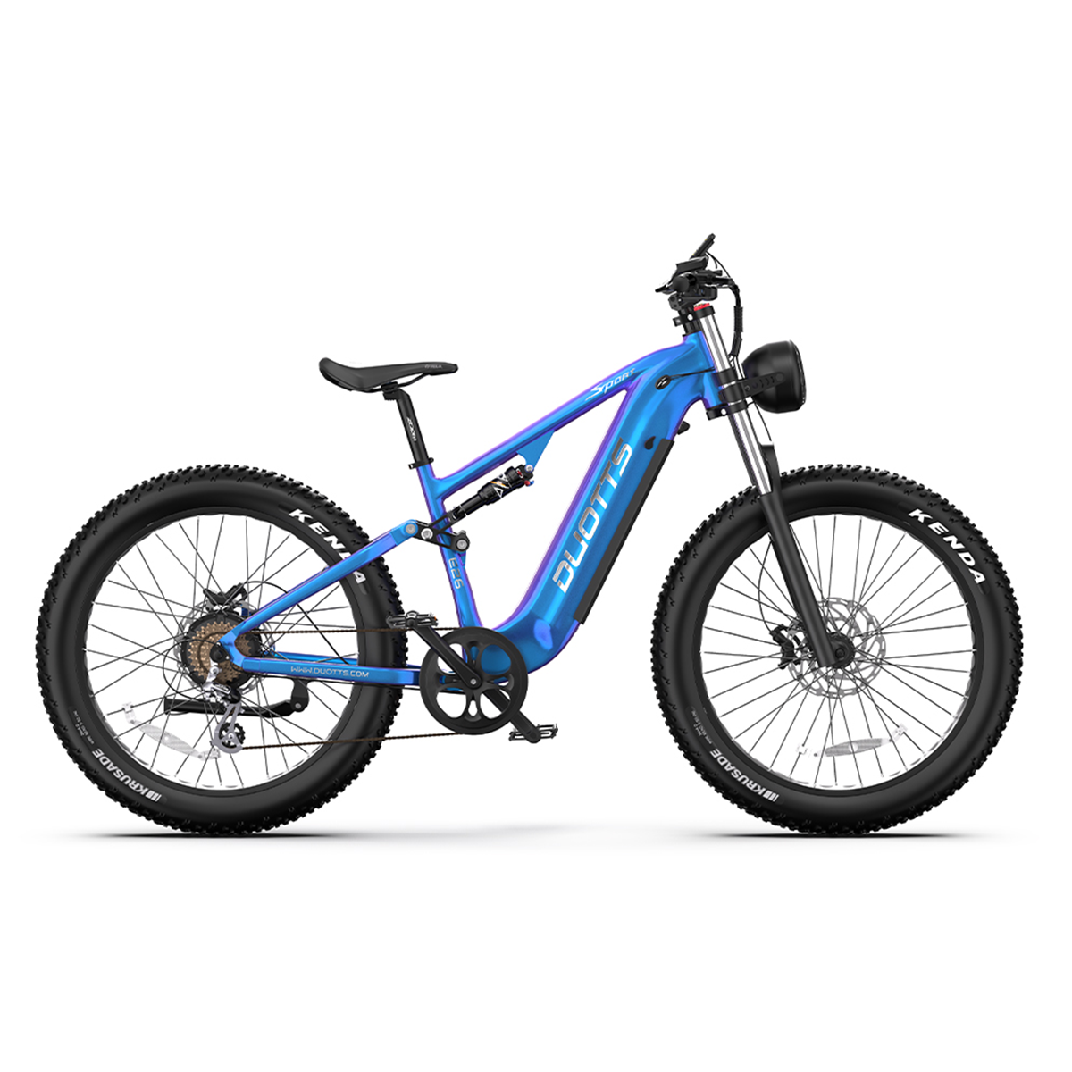 Niebieski elektryczny rower górski z czarnymi oponami, reflektorem i logo 'DUOTTS' na białym tle.