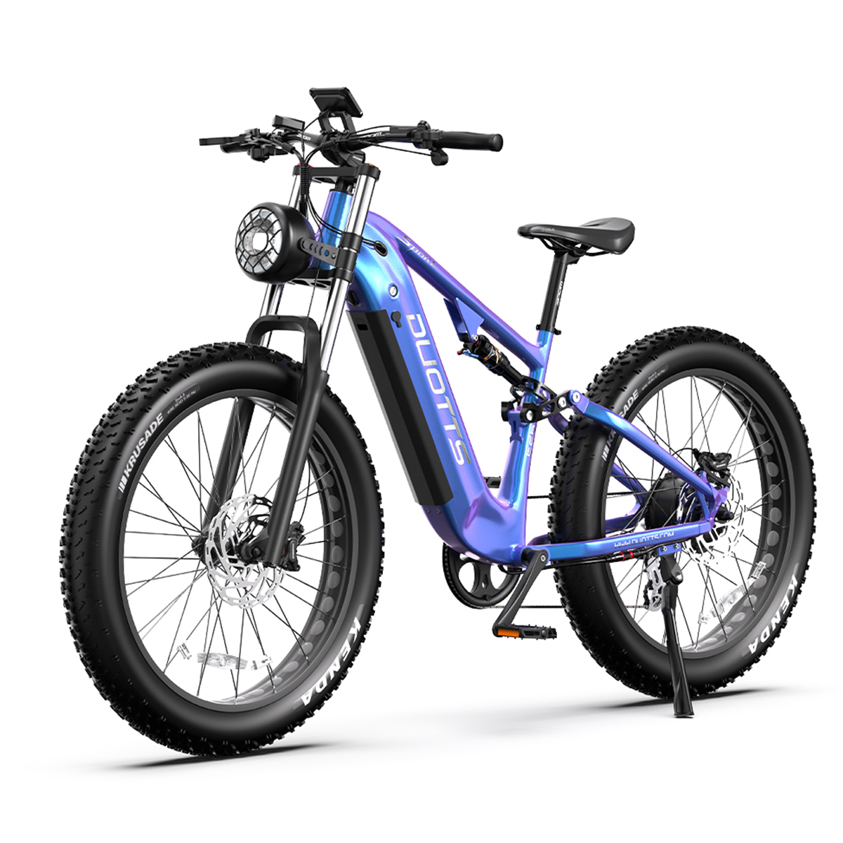 Niebieski elektryczny rower górski z czarnymi oponami, reflektorem i logo 'DUOTTS'.