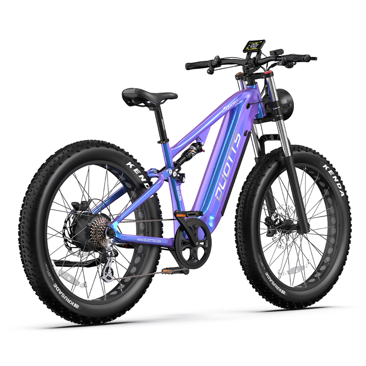 Niebieski elektryczny rower górski z czarnymi oponami, reflektorem i logo 'DUOTTS'.