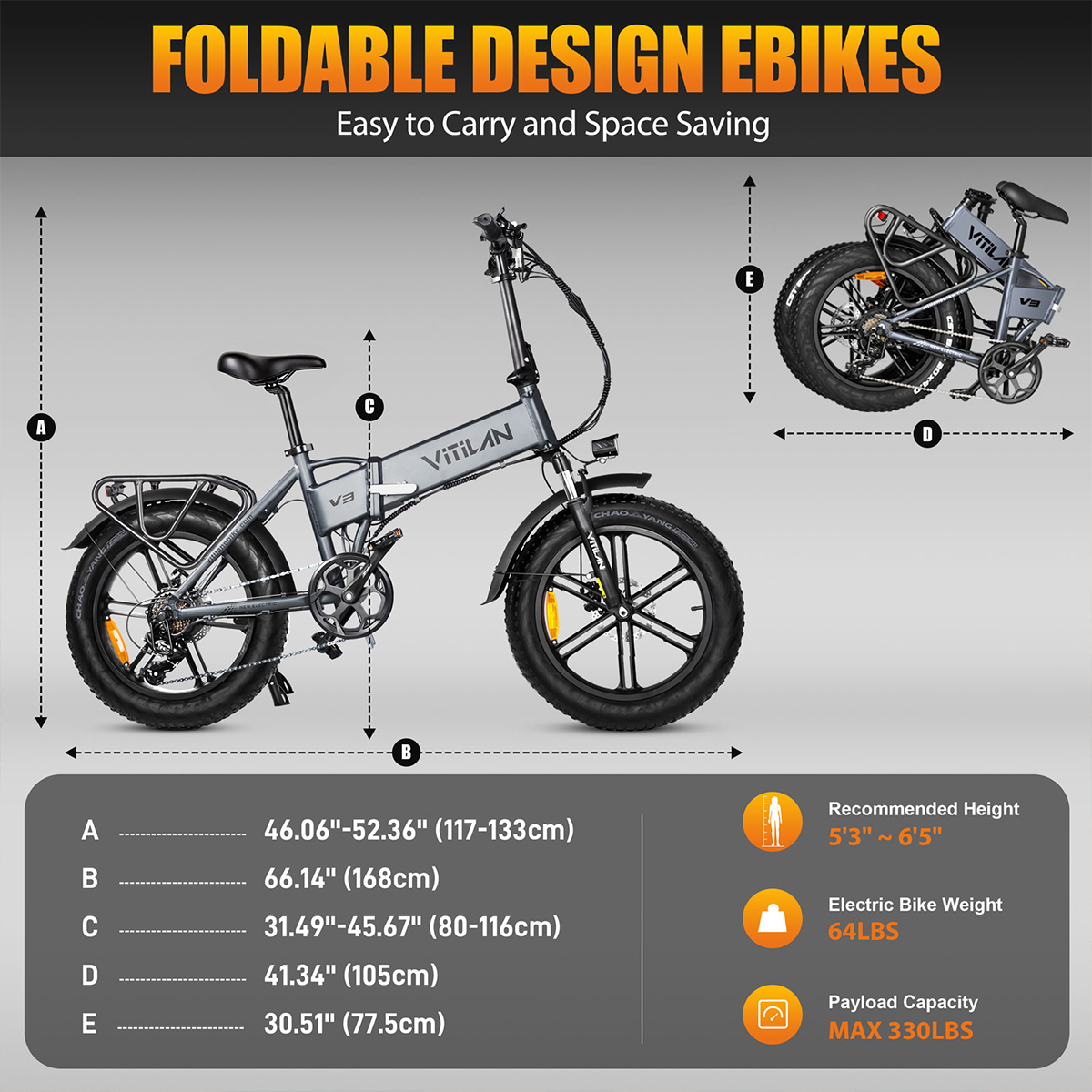 Diagram składanego roweru elektrycznego z wymiarami i zalecaną wysokością.