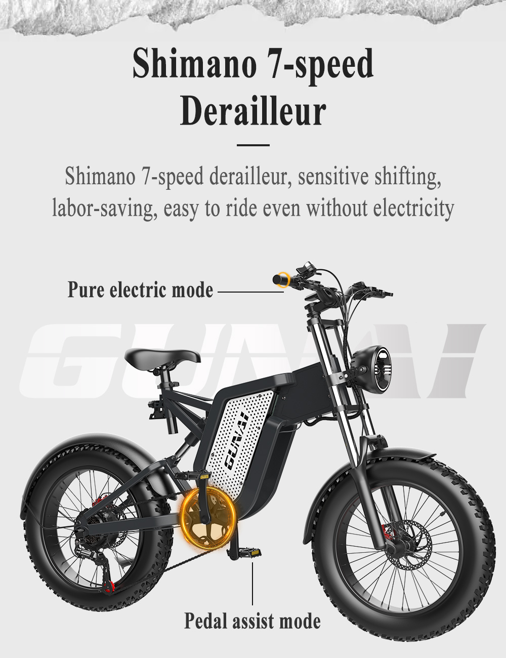 Czarny rower elektryczny z przerzutką Shimano 7-biegową. 'Pure electric mode' i 'Pedal assist'.