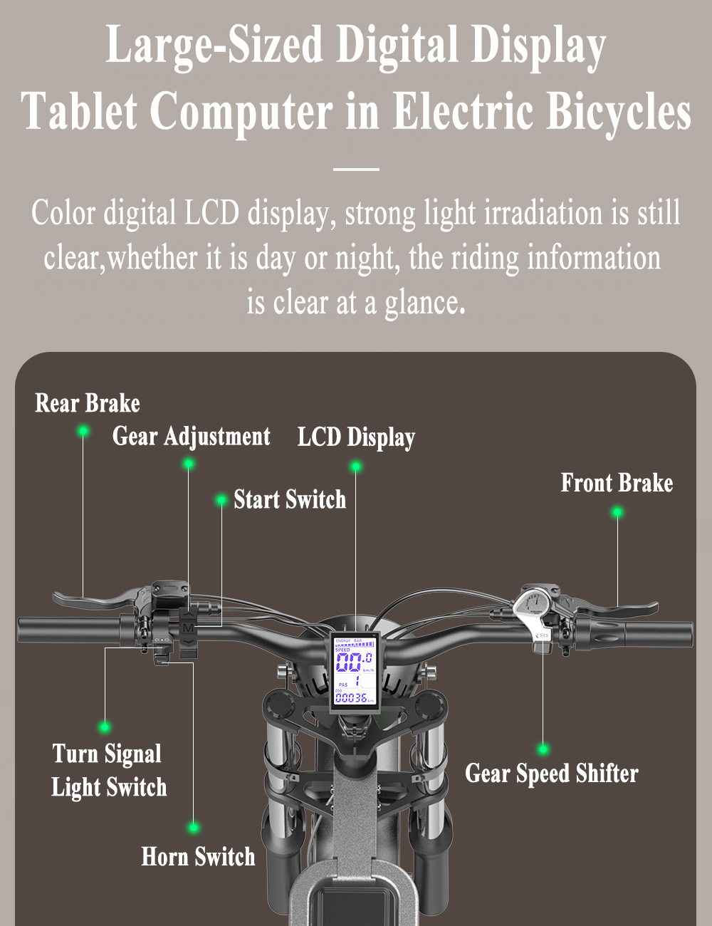 Zbliżenie kierownicy roweru elektrycznego z oznaczonymi elementami: wyświetlacz LCD, przełączniki i hamulce.