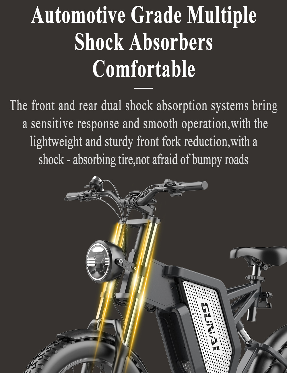 Zbliżenie przedniego zawieszenia roweru elektrycznego i słowo GUNAI, z tekstem o amortyzatorach.