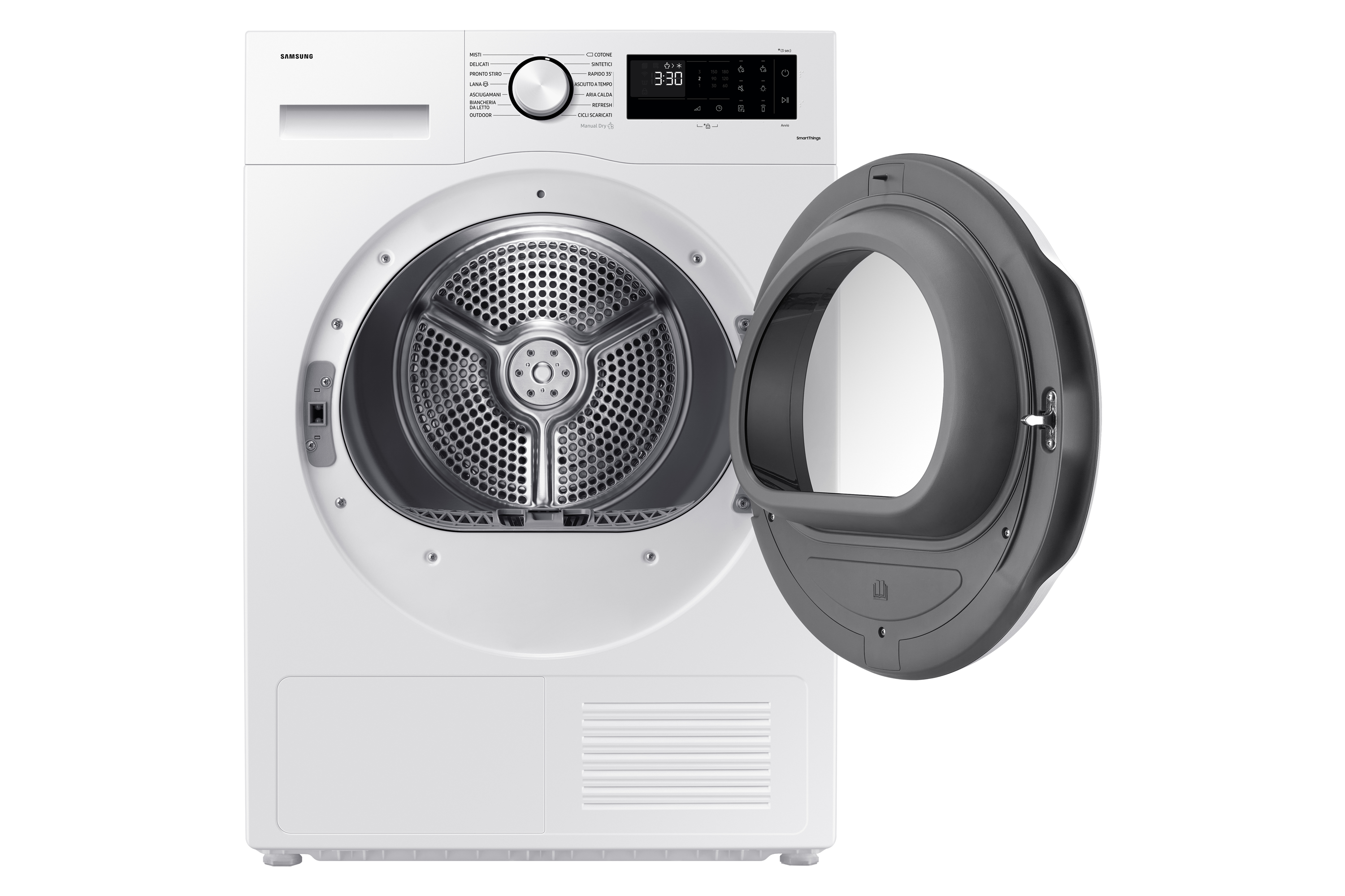 Asciugatrice Samsung bianca con porta aperta. Tamburo e interno visibili.