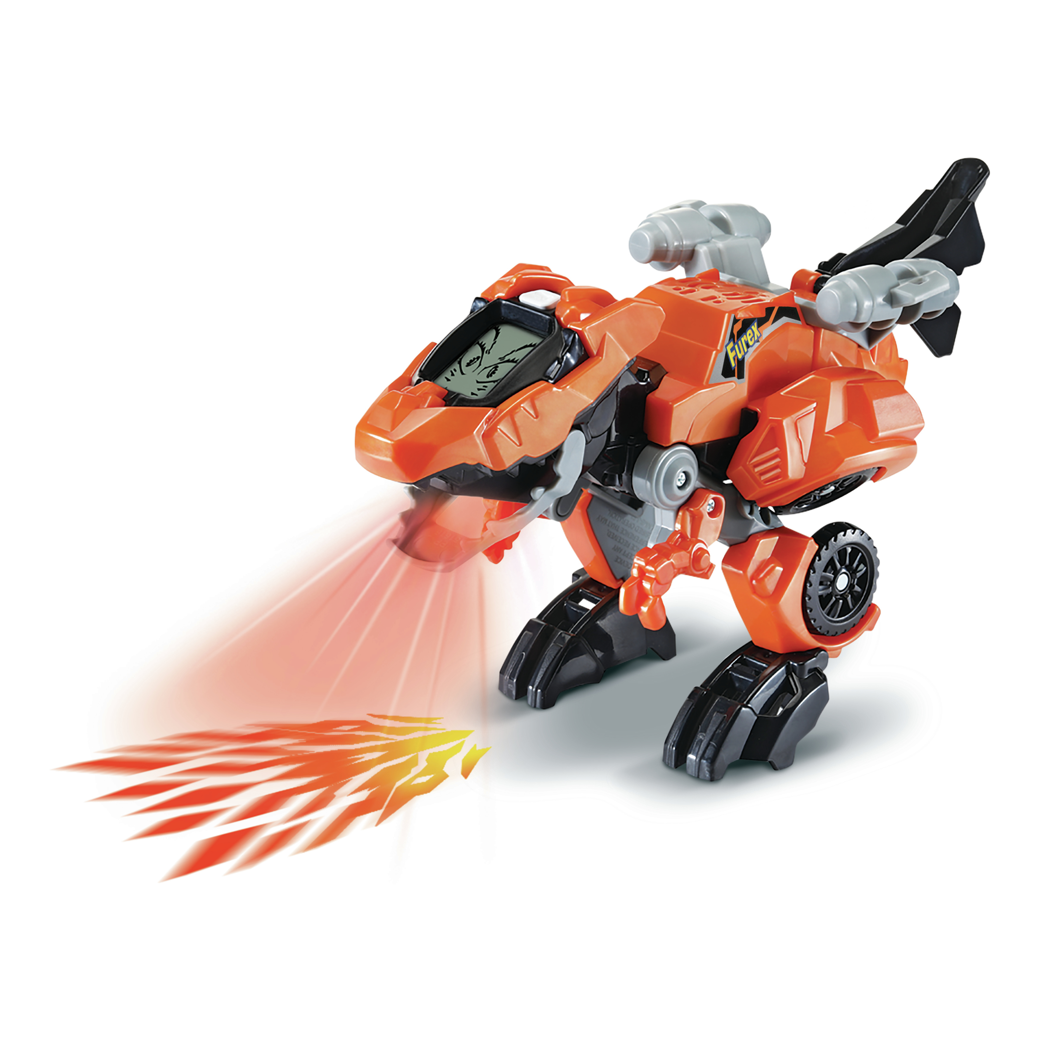 Jouet dinosaure orange tirant de la lumière rouge de sa bouche.