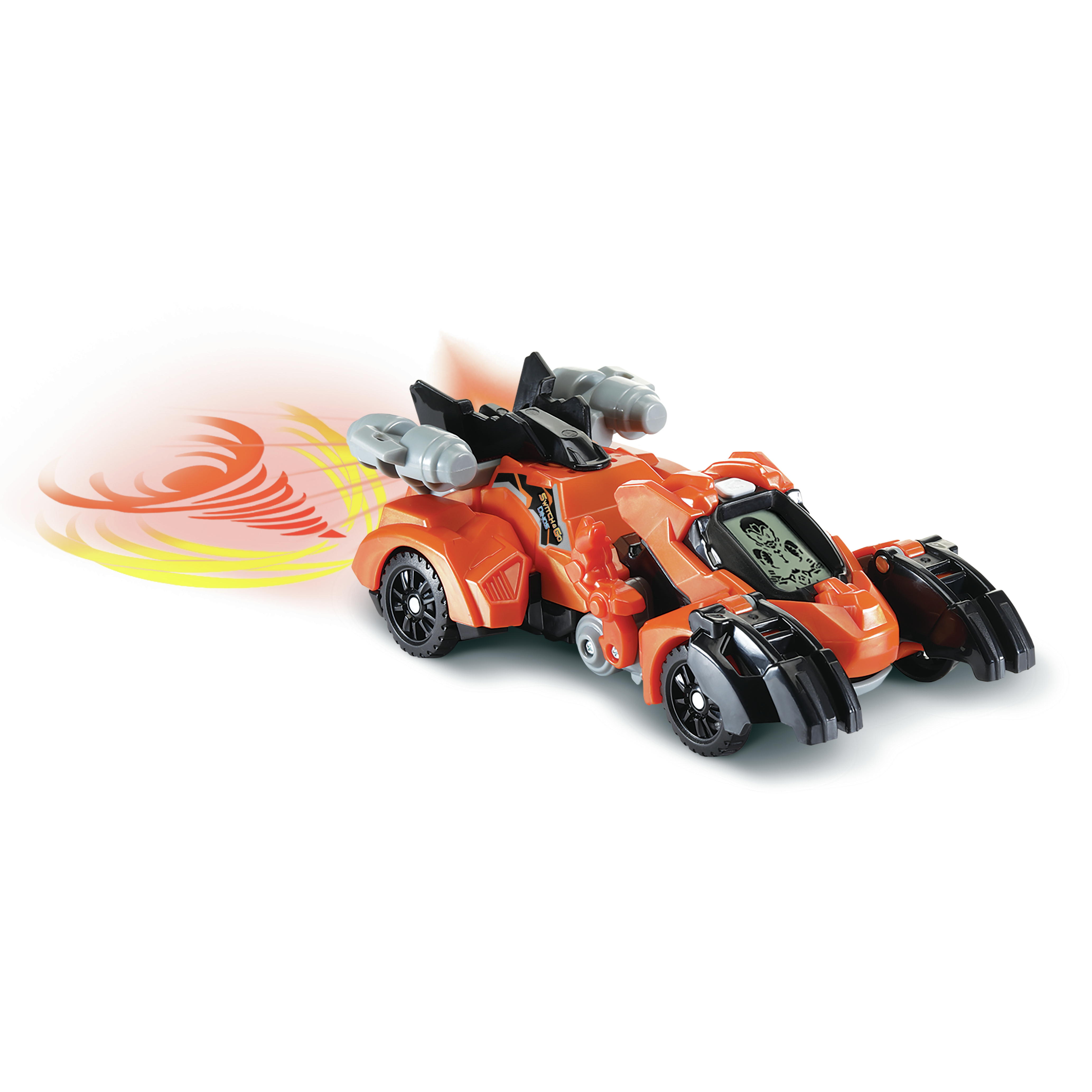 Une voiture jouet orange et noire au design futuriste. La voiture possède un affichage numérique et des effets rotatifs.
