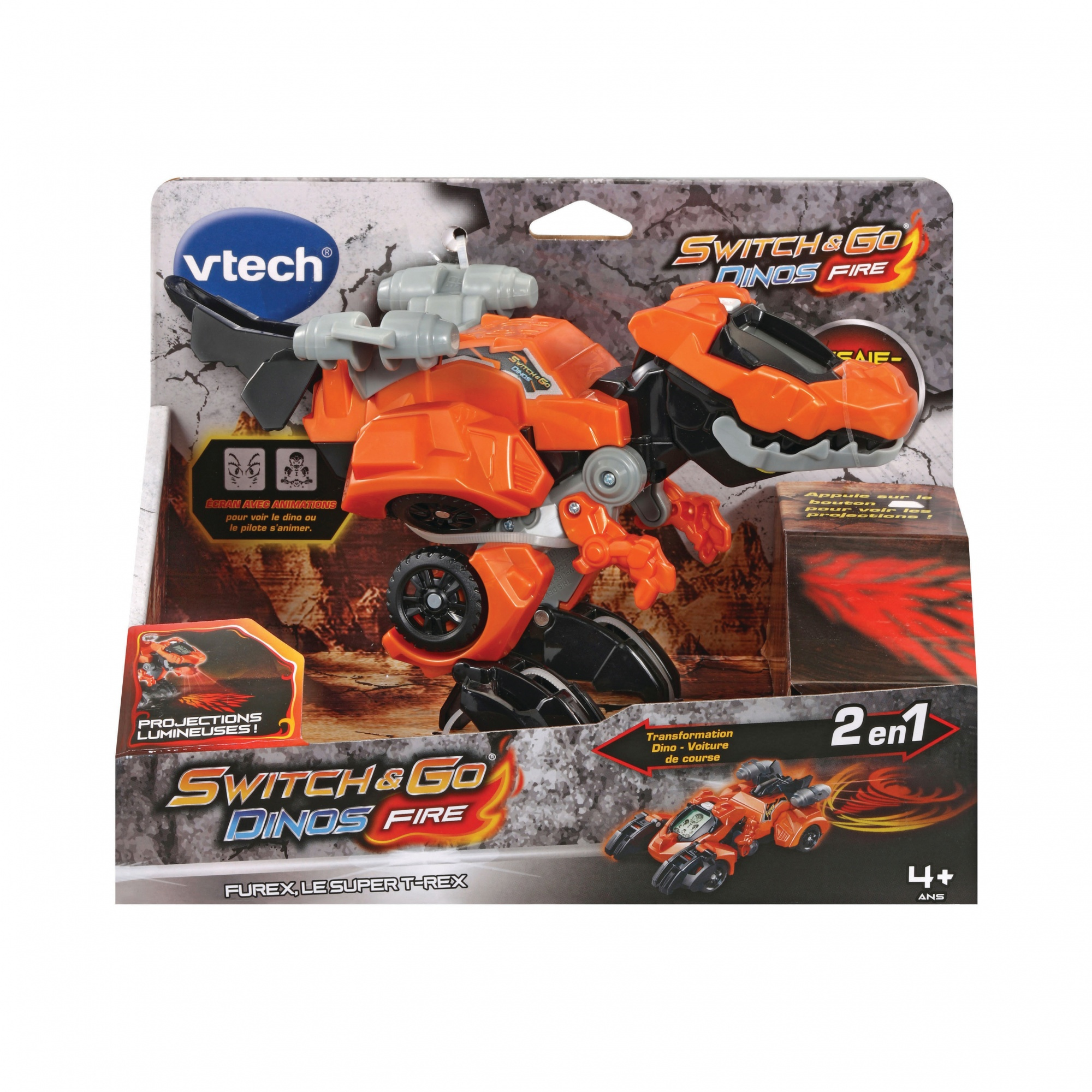 Jouet dinosaure orange et noir emballé, étiqueté 'Switch & Go Dinos Fire'.