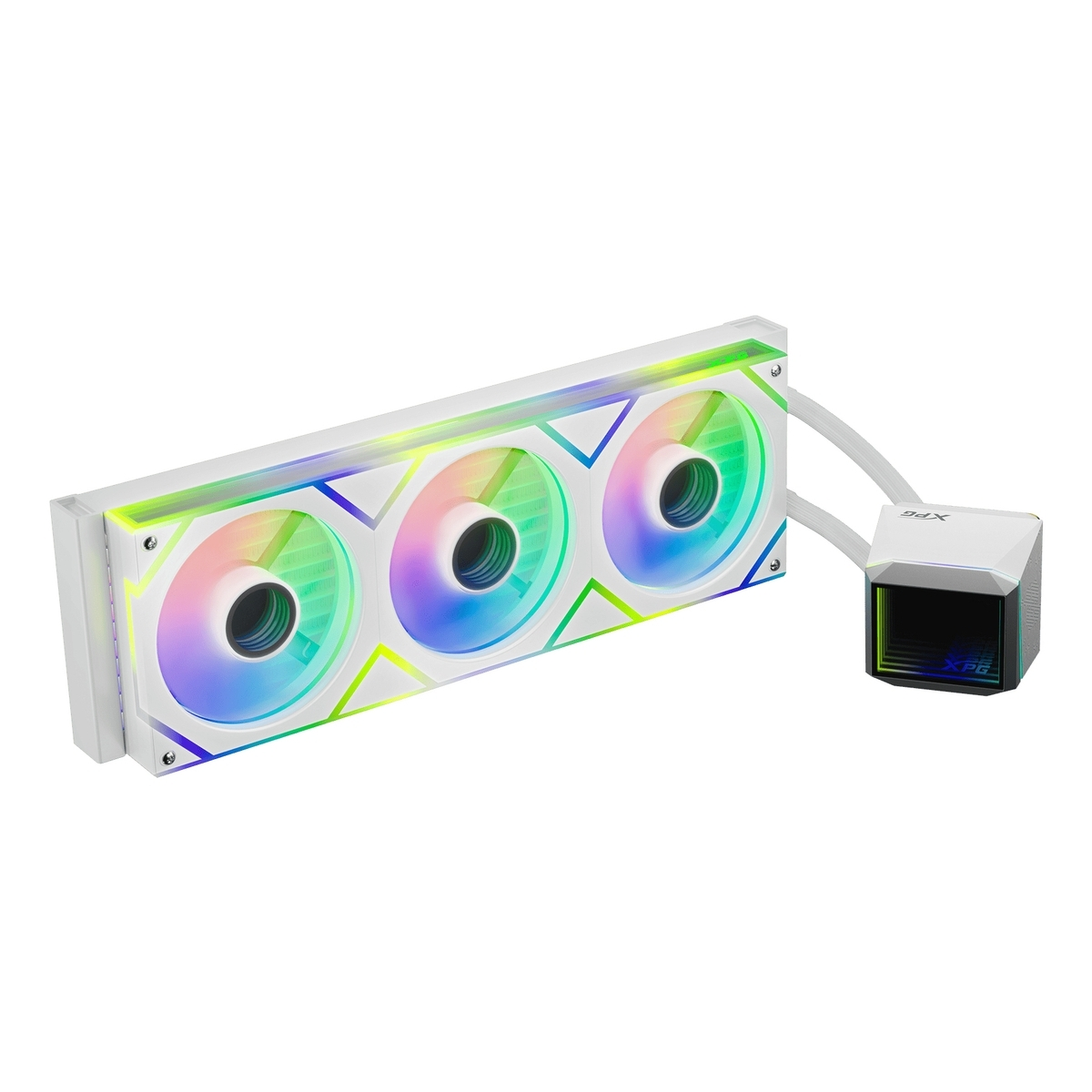 White computer cooling system with three fans and colorful lights.