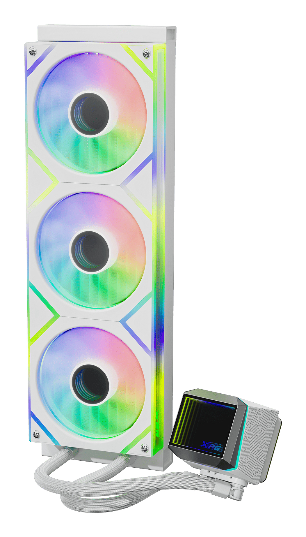 White computer cooling system with three fans and colorful lights.
