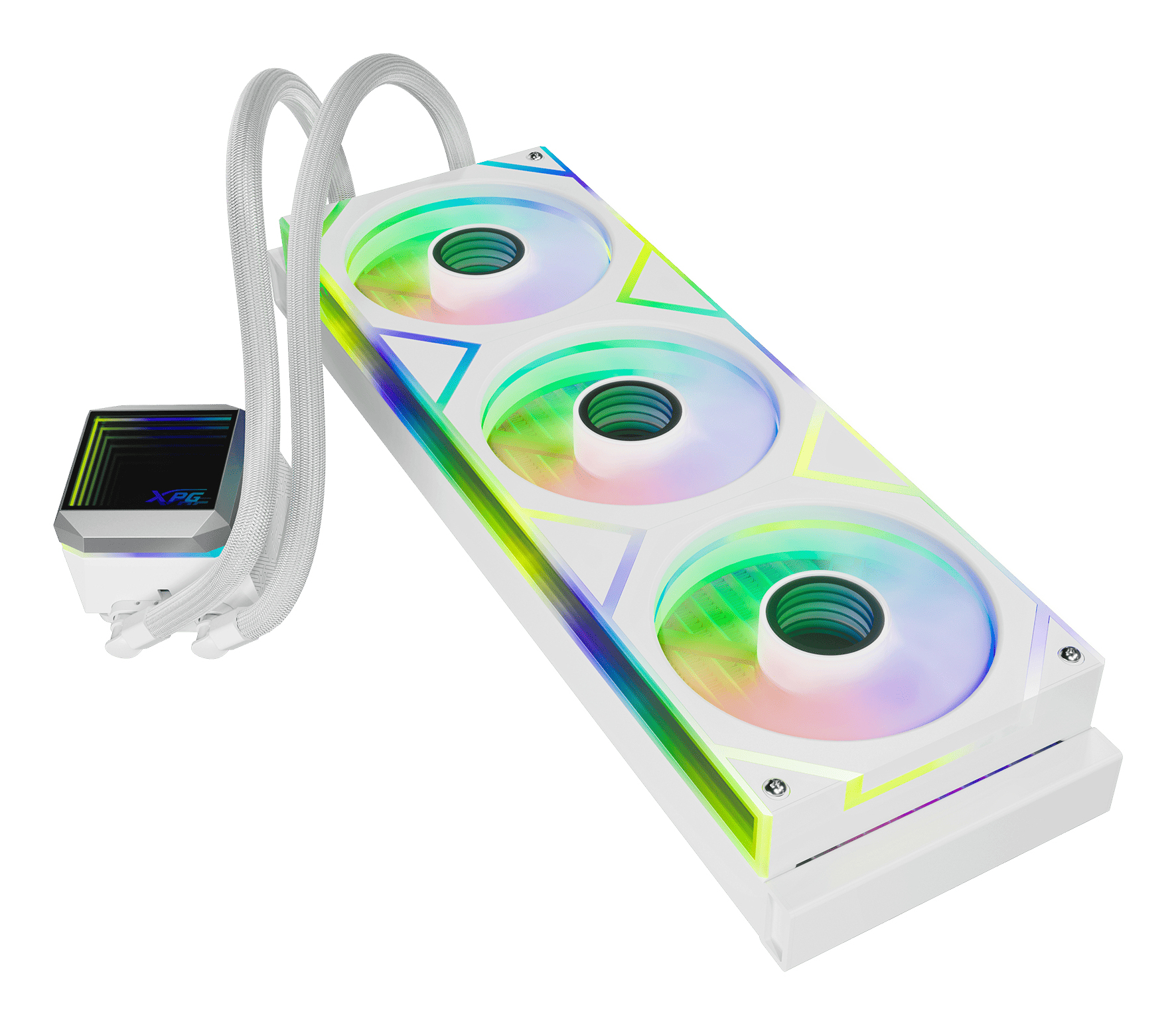 White computer cooling system with three fans and colorful lights.
