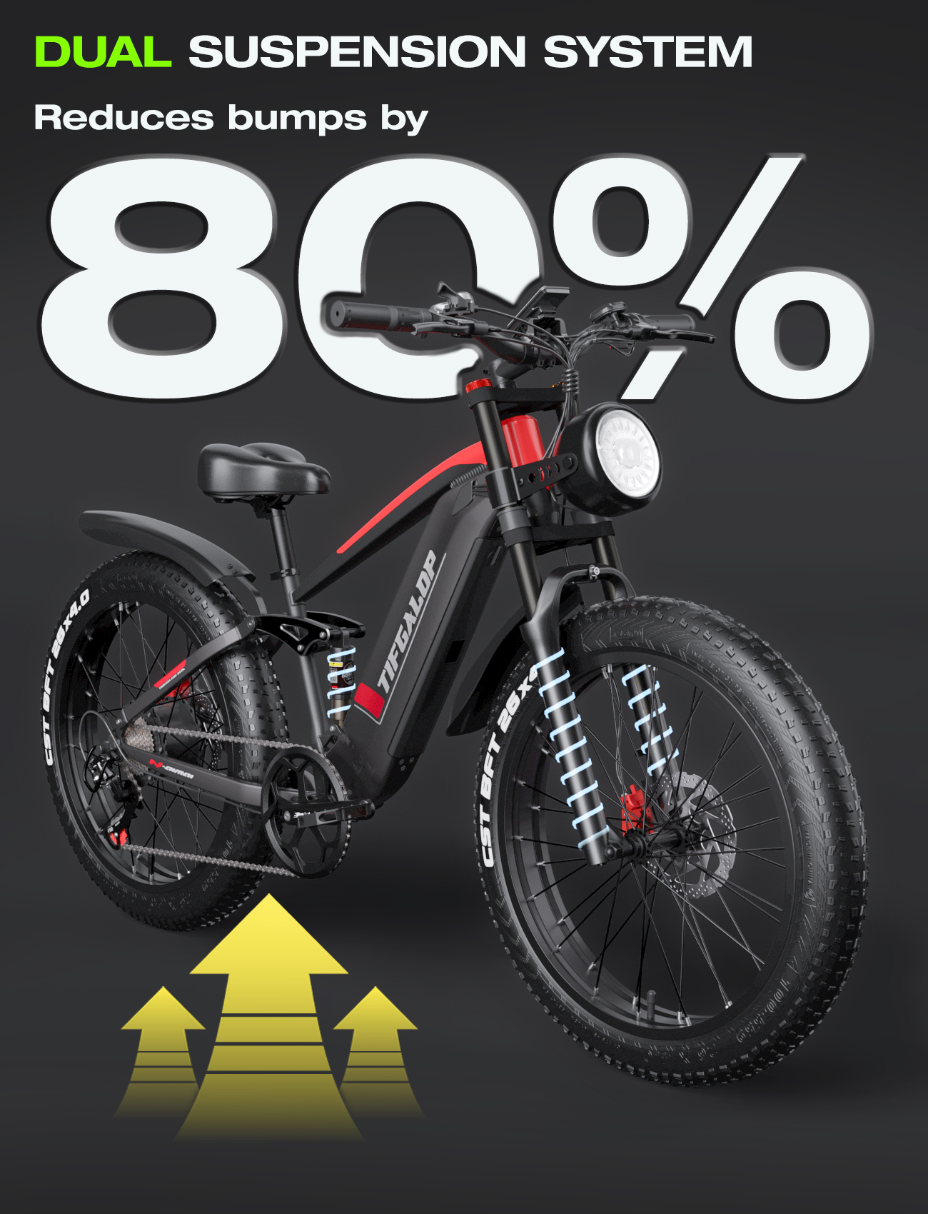 Czarny i czerwony rower z systemem zawieszenia. Żółte strzałki skierowane w górę.