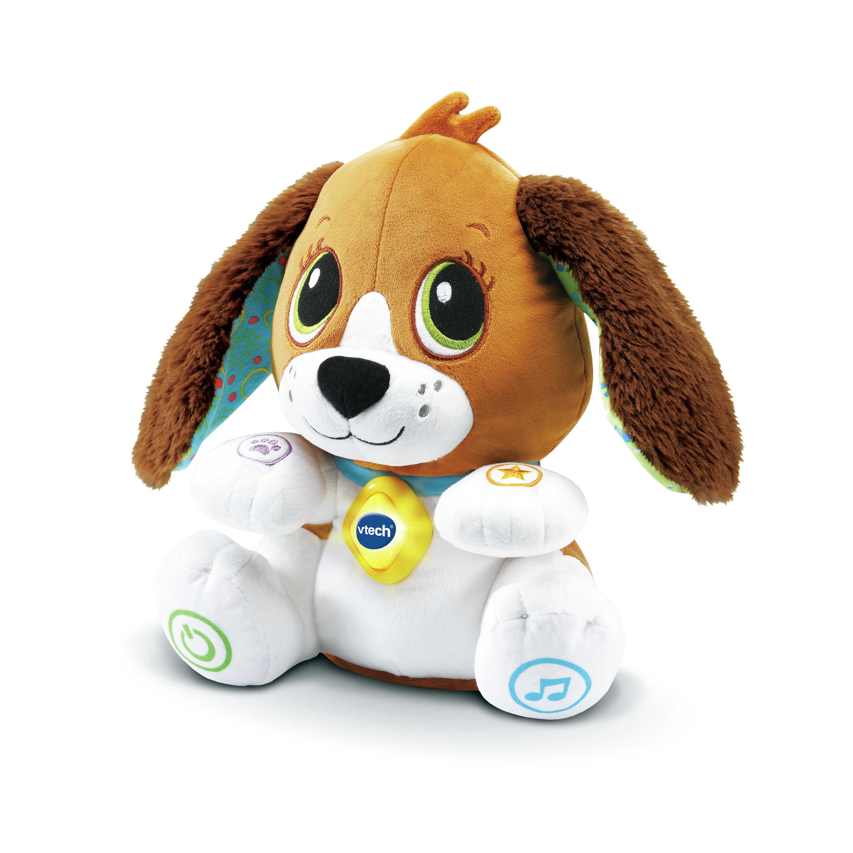 Perro de peluche marrón y blanco con ojos bordados y varios botones.