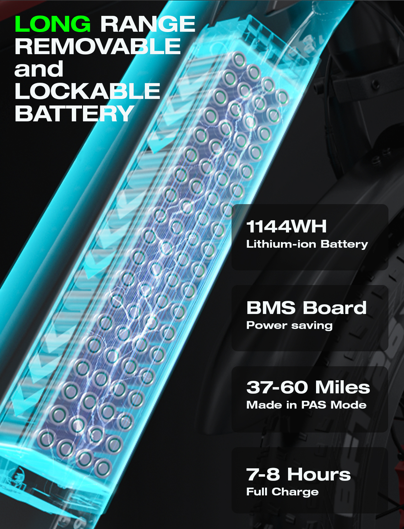 Zbliżenie na akumulator roweru. Pokazuje elementy i specyfikacje, takie jak moc i czas ładowania.