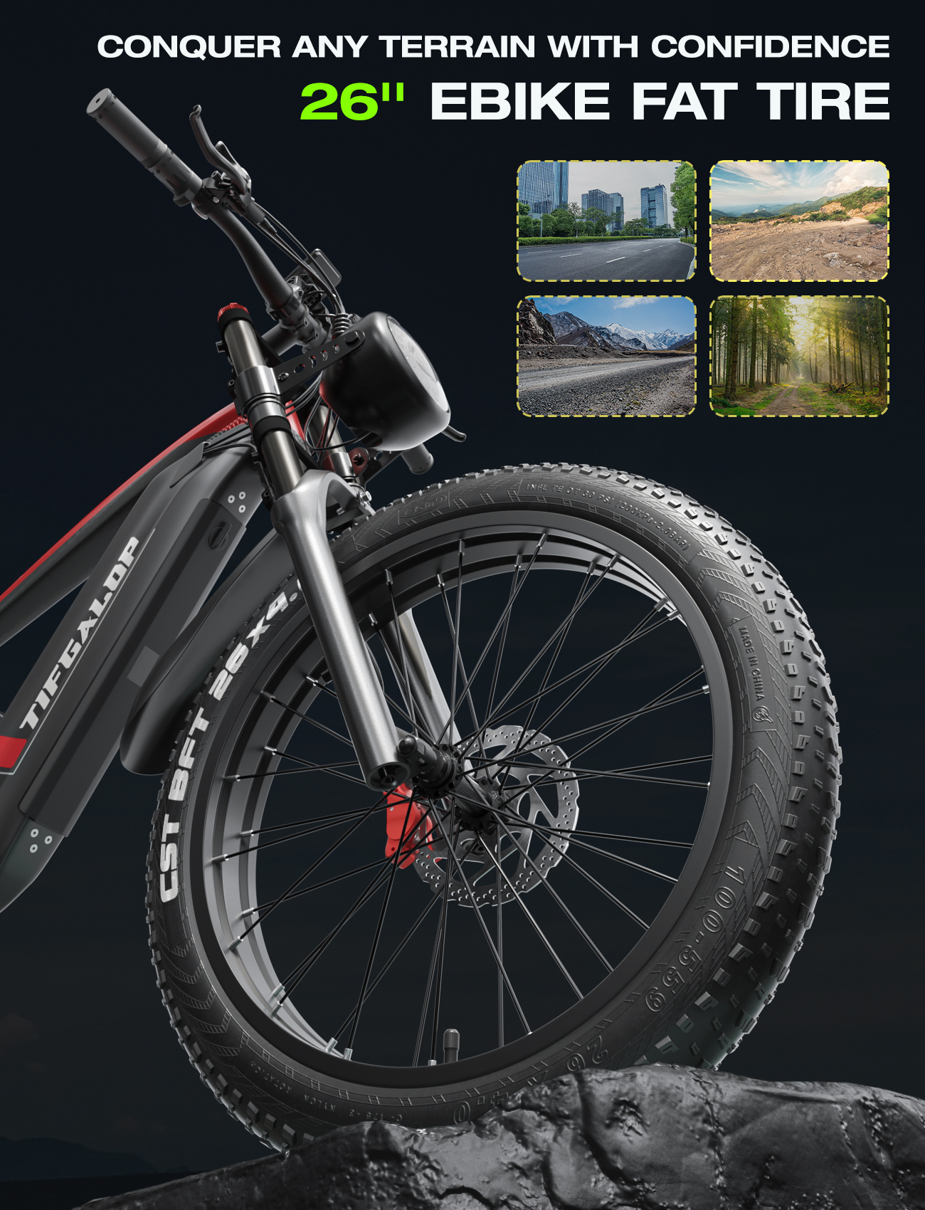 Rower elektryczny z grubymi oponami na ciemnym tle, pokazujący oponę i przedni widelec.