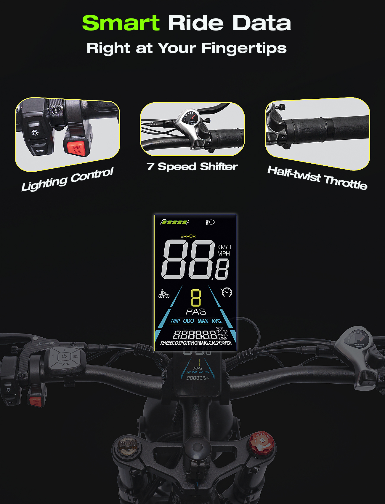 Kierownica roweru elektrycznego z panelem sterowania, kontrolą oświetlenia i dźwigniami zmiany biegów.