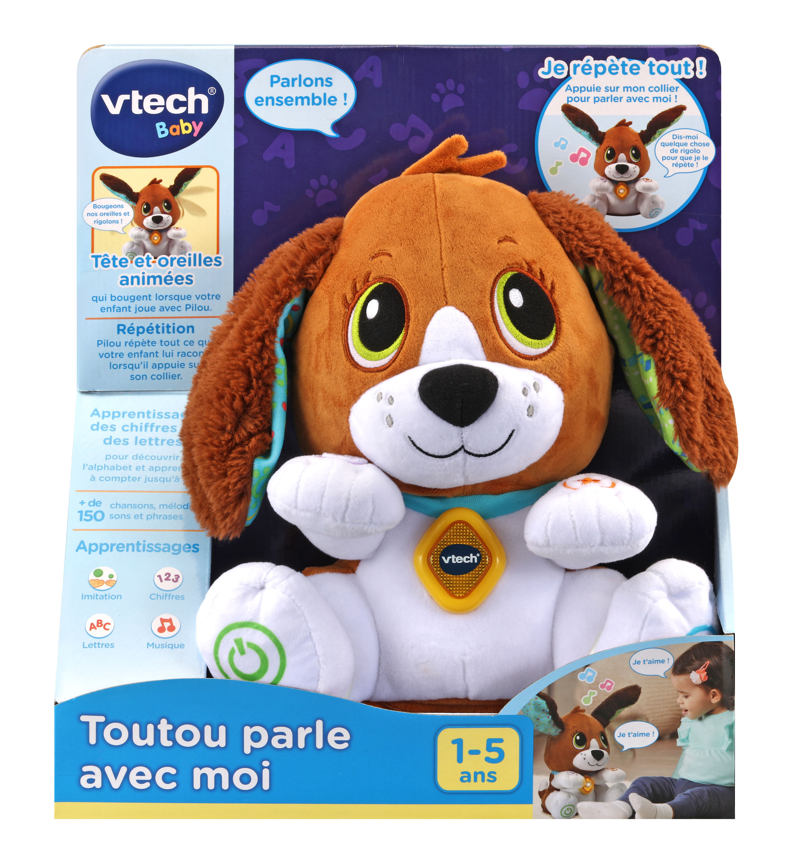 Juguete de cachorro VTech en su embalaje. La caja presenta imágenes y texto en francés sobre las funciones del juguete.