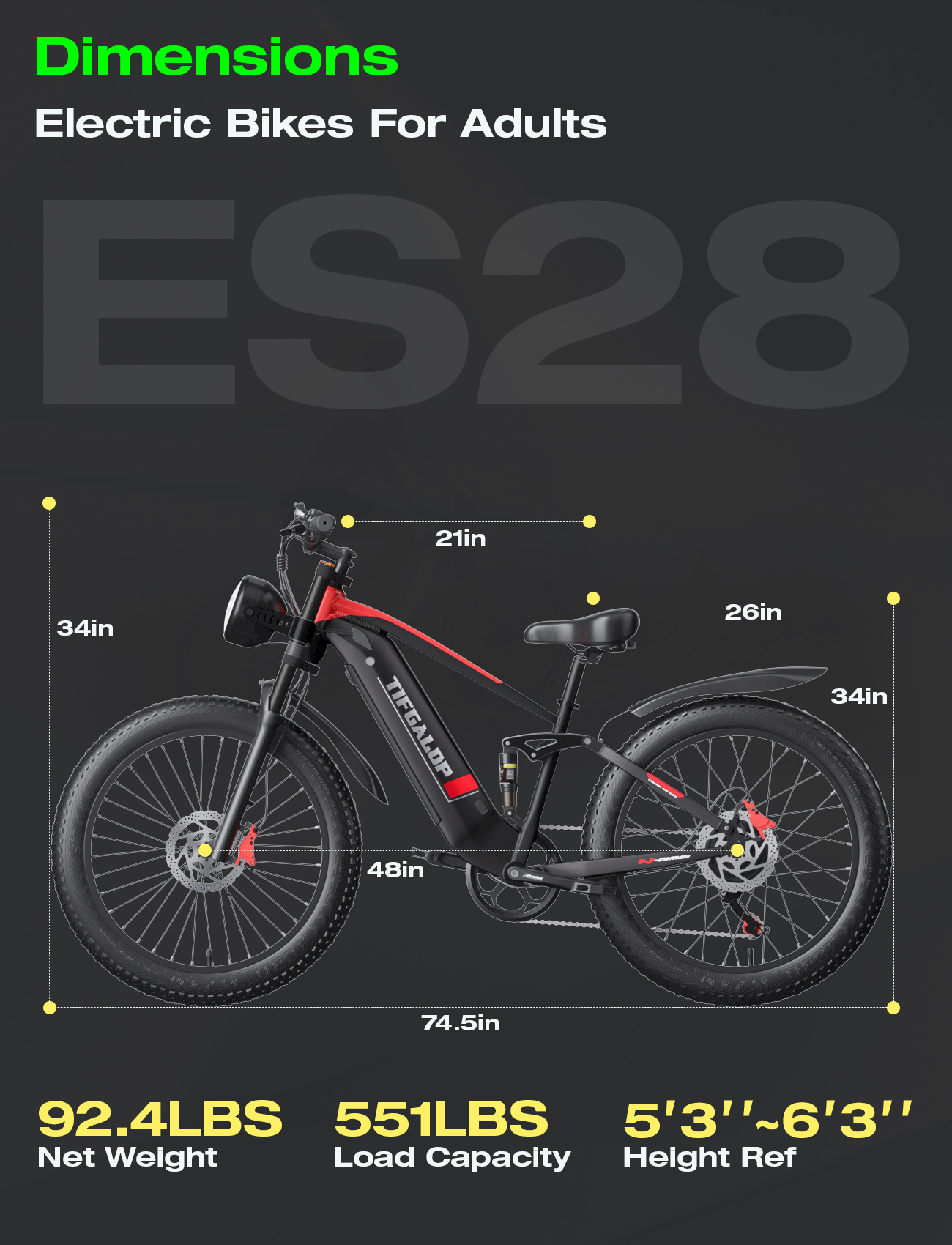 Rower elektryczny: czarna rama, czerwone akcenty, wyświetlane wymiary i specyfikacje.