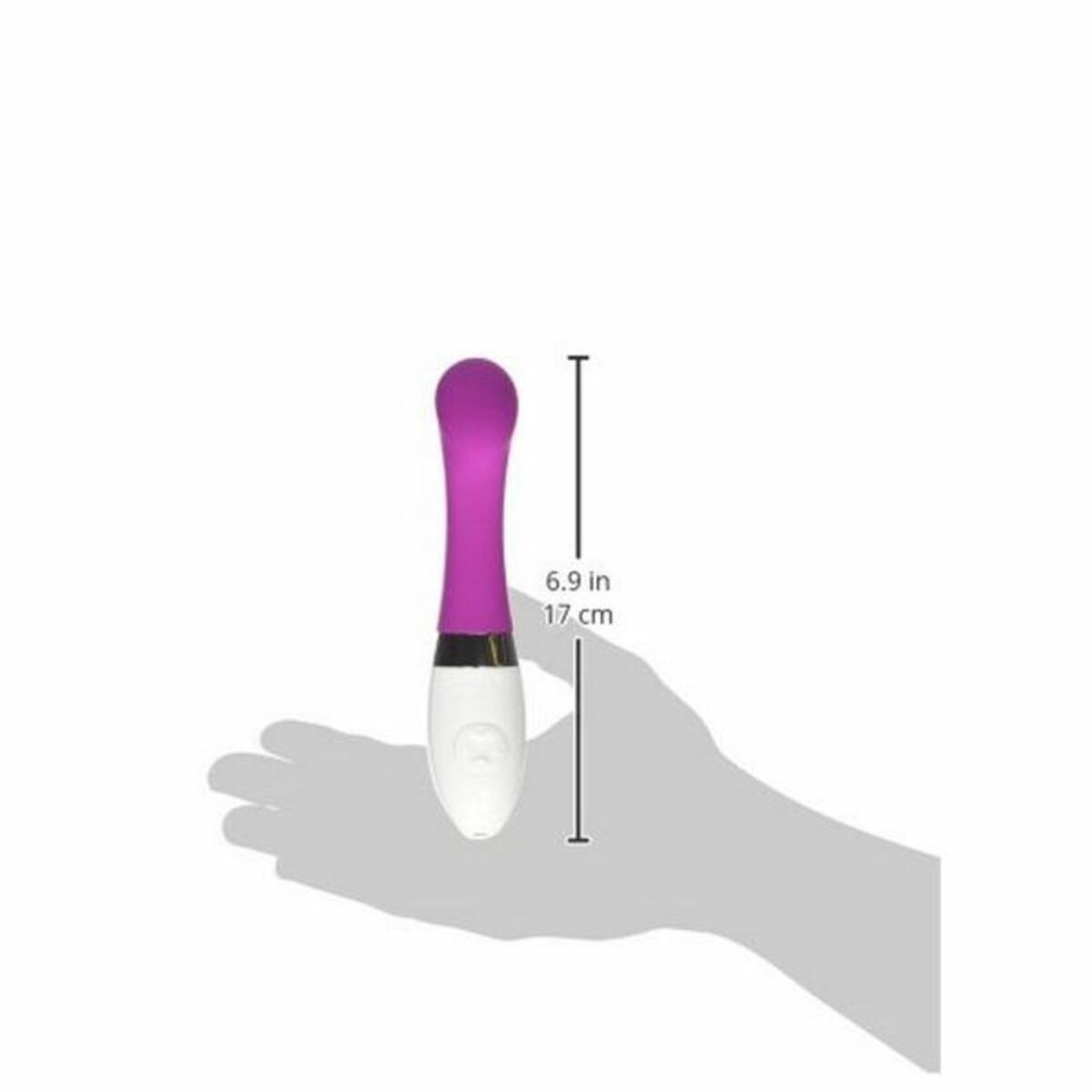 Fioletowy i biały wibrator, długość i rozmiar są wyświetlane z pomiarami w centymetrach.