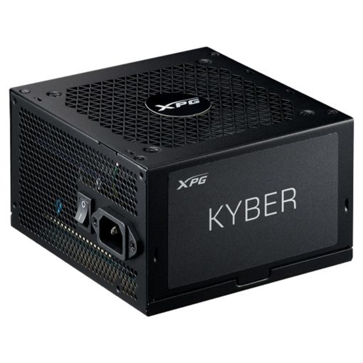 Schwarzes XPG Kyber Netzteil, quadratische Box, mit Netzschalter und Anschluss.