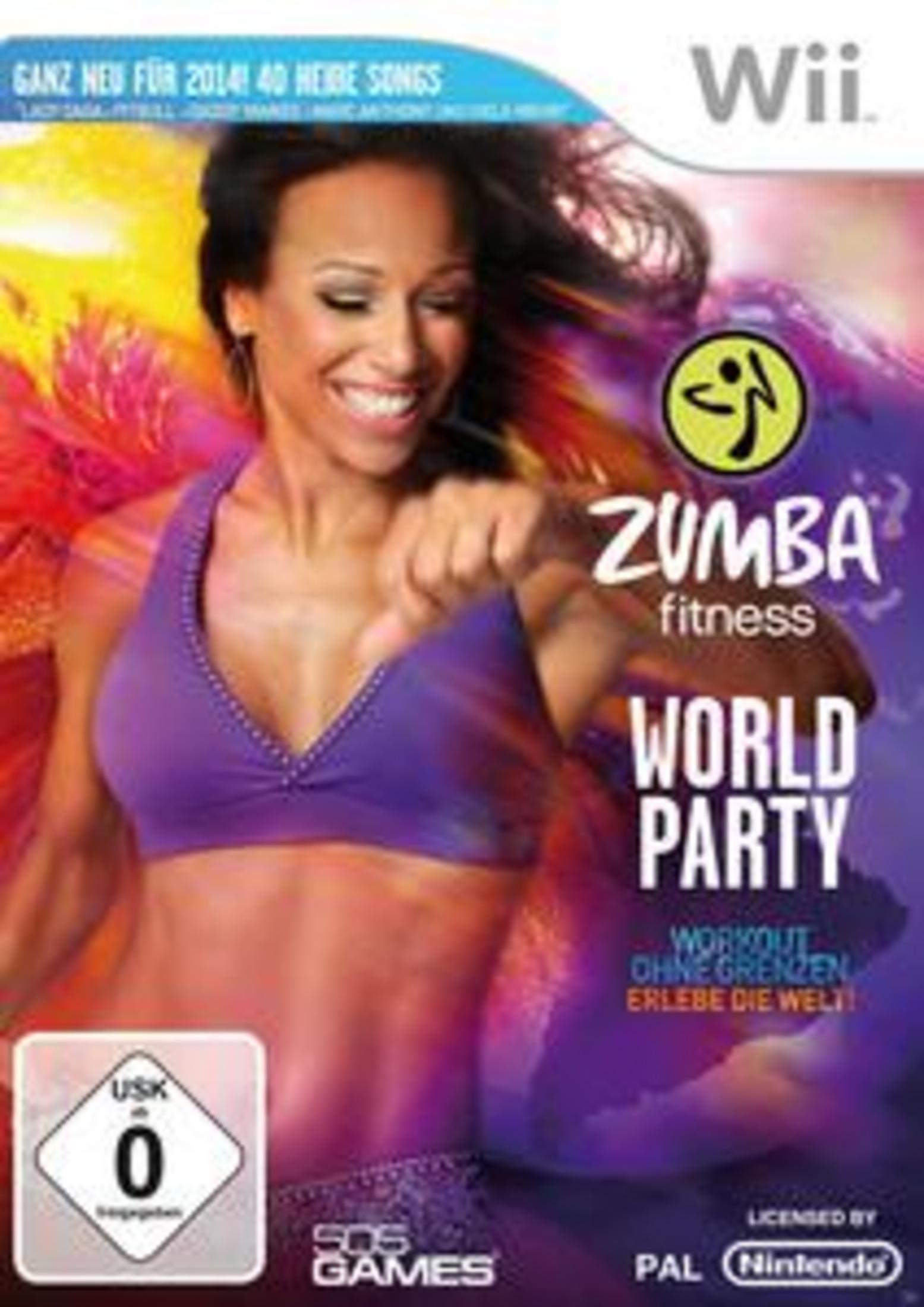 Spielcover: Zumba Fitness World Party. Frau in lila Sport-BH. Wii-Logo oben rechts.