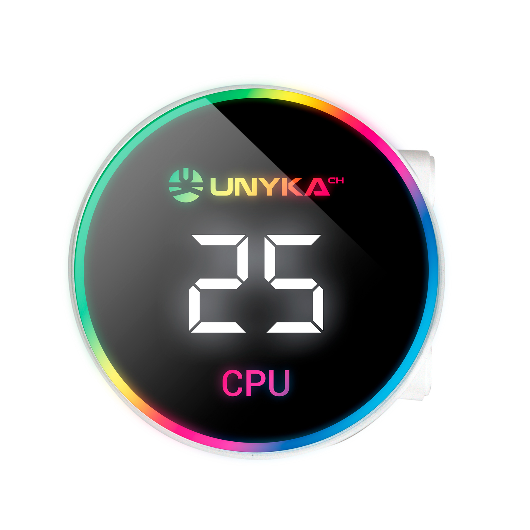 Pantalla digital redonda con el número 25 y CPU escrito debajo. Rodeado por un anillo de luz colorido.