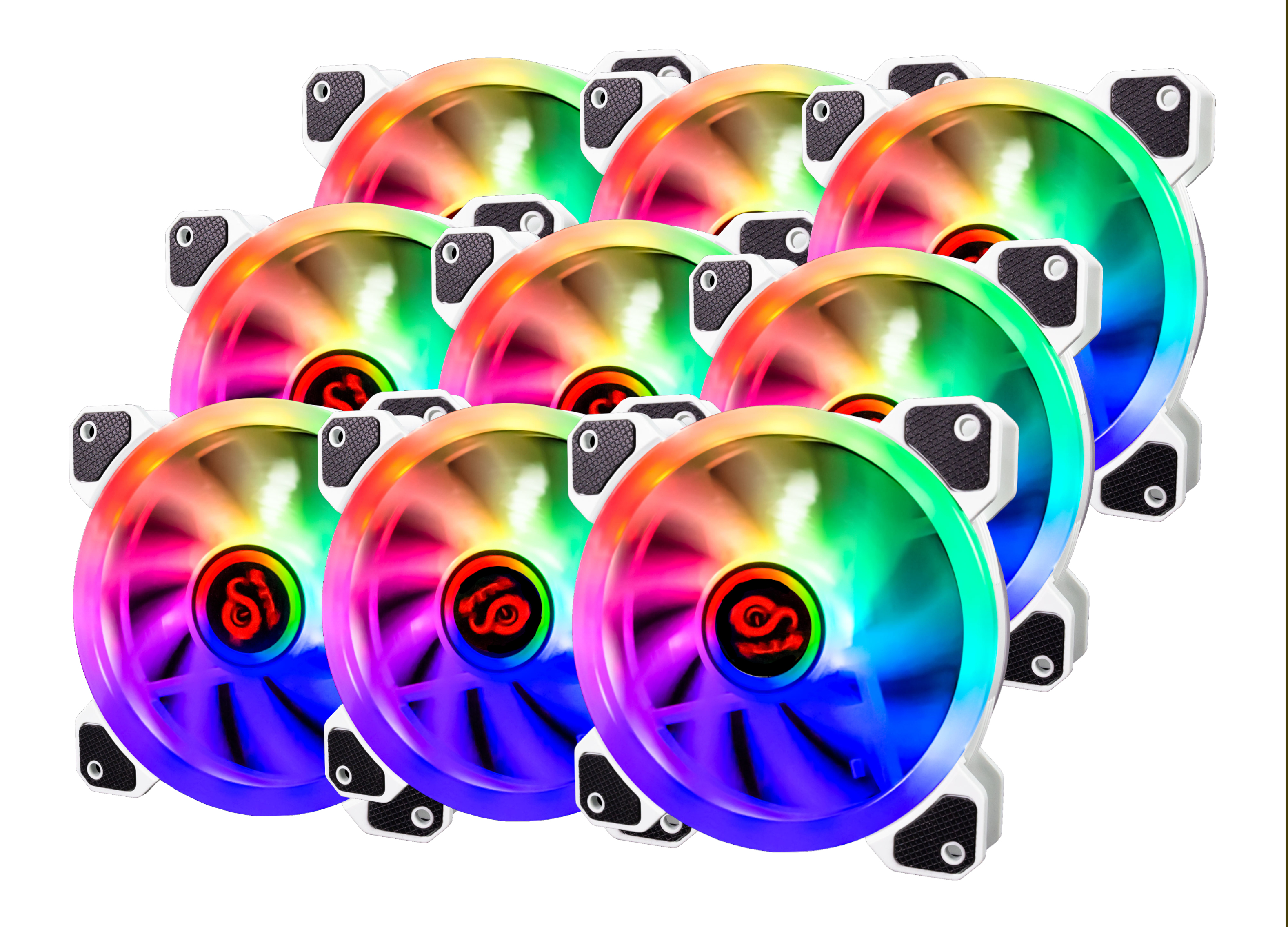 Eine Ansammlung von 9 Computerlüftern mit mehrfarbigen Flügeln, gruppiert angeordnet.