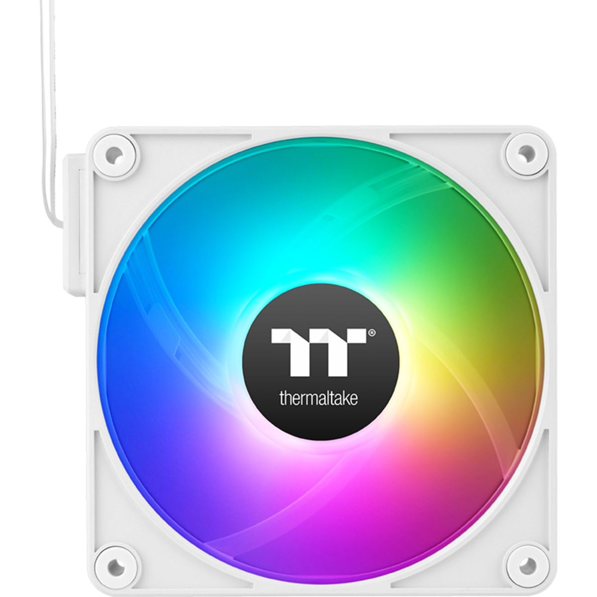 White computer fan with rainbow colors in the center. Thermaltake logo on the center.