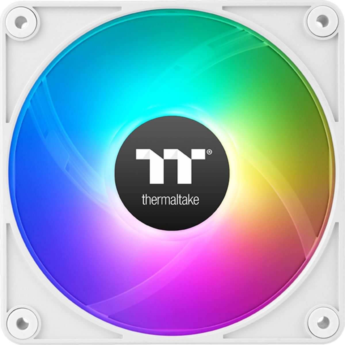 White computer fan with rainbow colors. Thermaltake logo on the center of the fan.