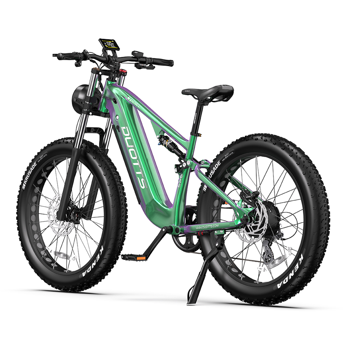 Zielony rower elektryczny z grubymi oponami na białym tle. Z logo Duotts.
