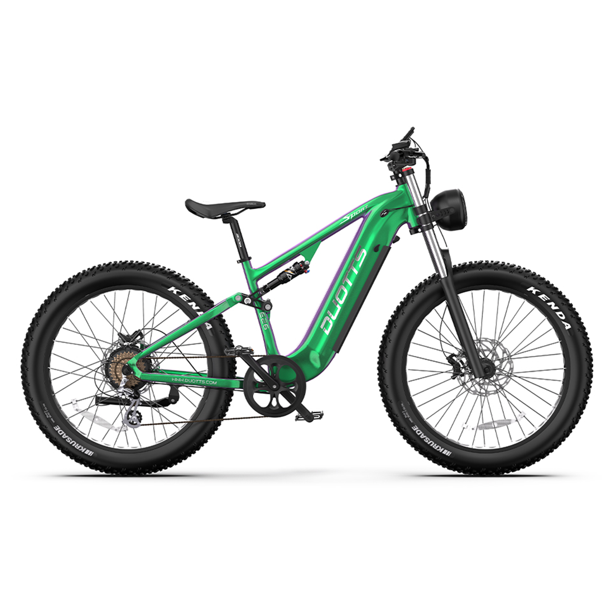 Zielony rower elektryczny z grubymi oponami na białym tle. Z logo Duotts.