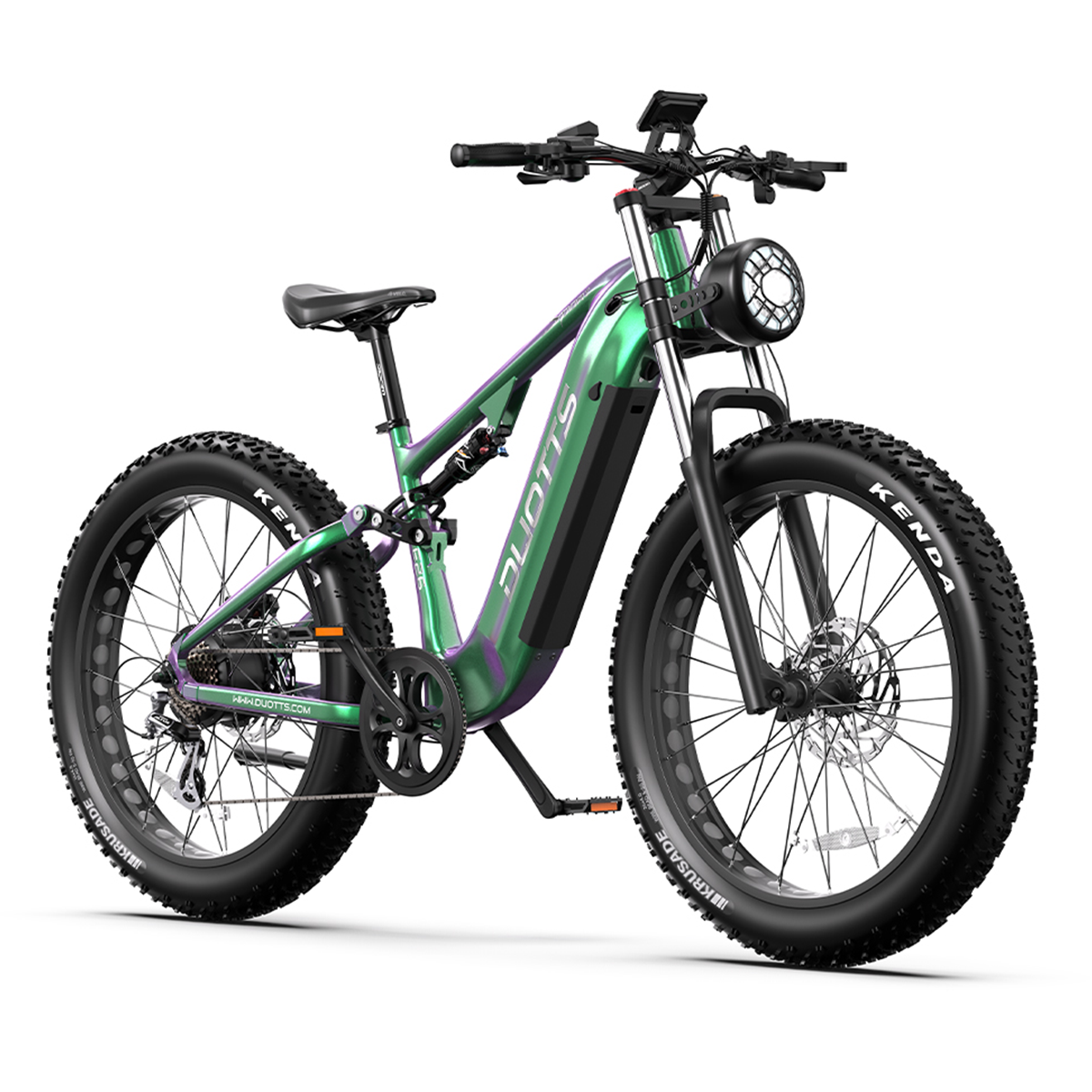 Zielony rower elektryczny z grubymi oponami na białym tle. Z logo Duotts.