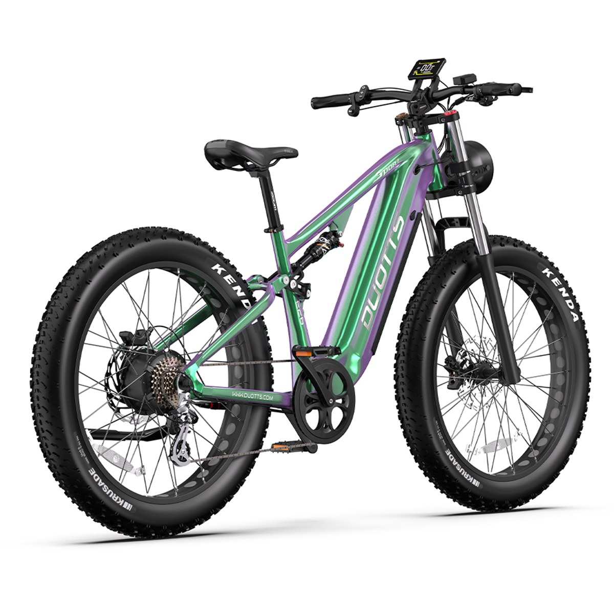 Zielony rower elektryczny z grubymi oponami na białym tle. Z logo Duotts.